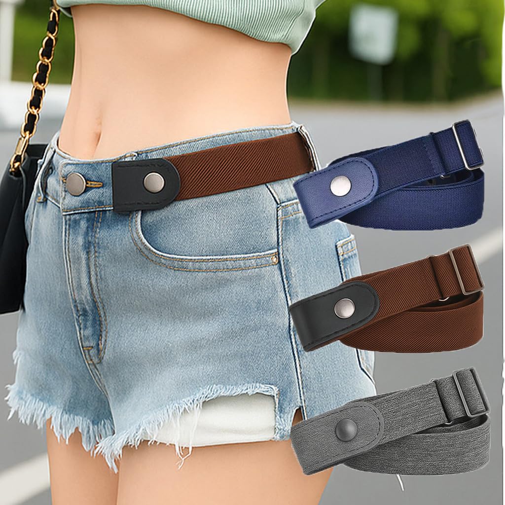 3 PCS No Buckle Elastic Belt for Men and Women, Invisible Buckle-Free Stretch Belt with Adjustable Fit, Comfortable Waistband for Jeans, Pants, Travel, and Daily Wear Grey,Coffee,Blue