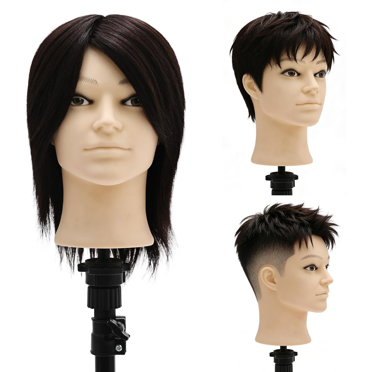 Male Mannequin Head, 8" Barber Mannequin Head, 100% Real Black Hair Head with Table Clamp, Professional Cosmetology Hairdresser Training Doll Manikin Head for Practicing Hair Cutting and Styling