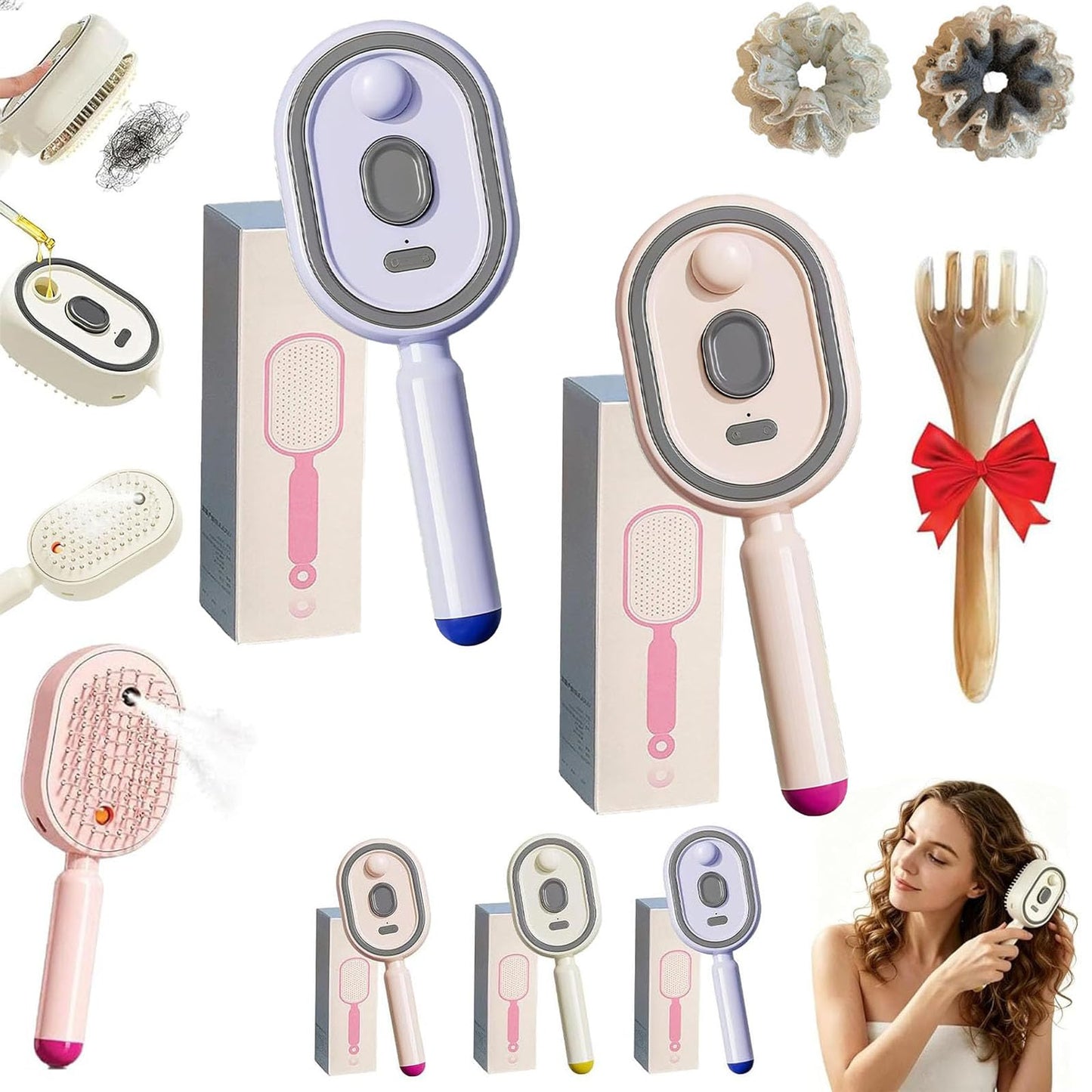 5 in 1 Air Cushion Hair Brush, Electric Spray Massage Comb, Preventing Drying and Tangling, Anti-Static Detangling Steaming Brush, for Curly, Straight, Thick, Thin, Long or Short Hair (Pink+Purple)