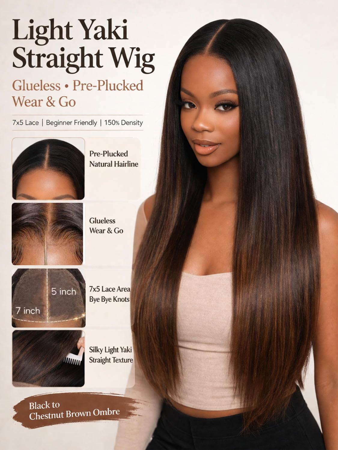 Beauty Forever Light Yaki Straight Glueless Wigs Human Hair Pre Plucked Pre Cut Black to Chestnut Brown 7x5 Bye Bye Knots Lace Front Wear and Go Drawstring Wig Beginner Friendly 150% Density 18inch