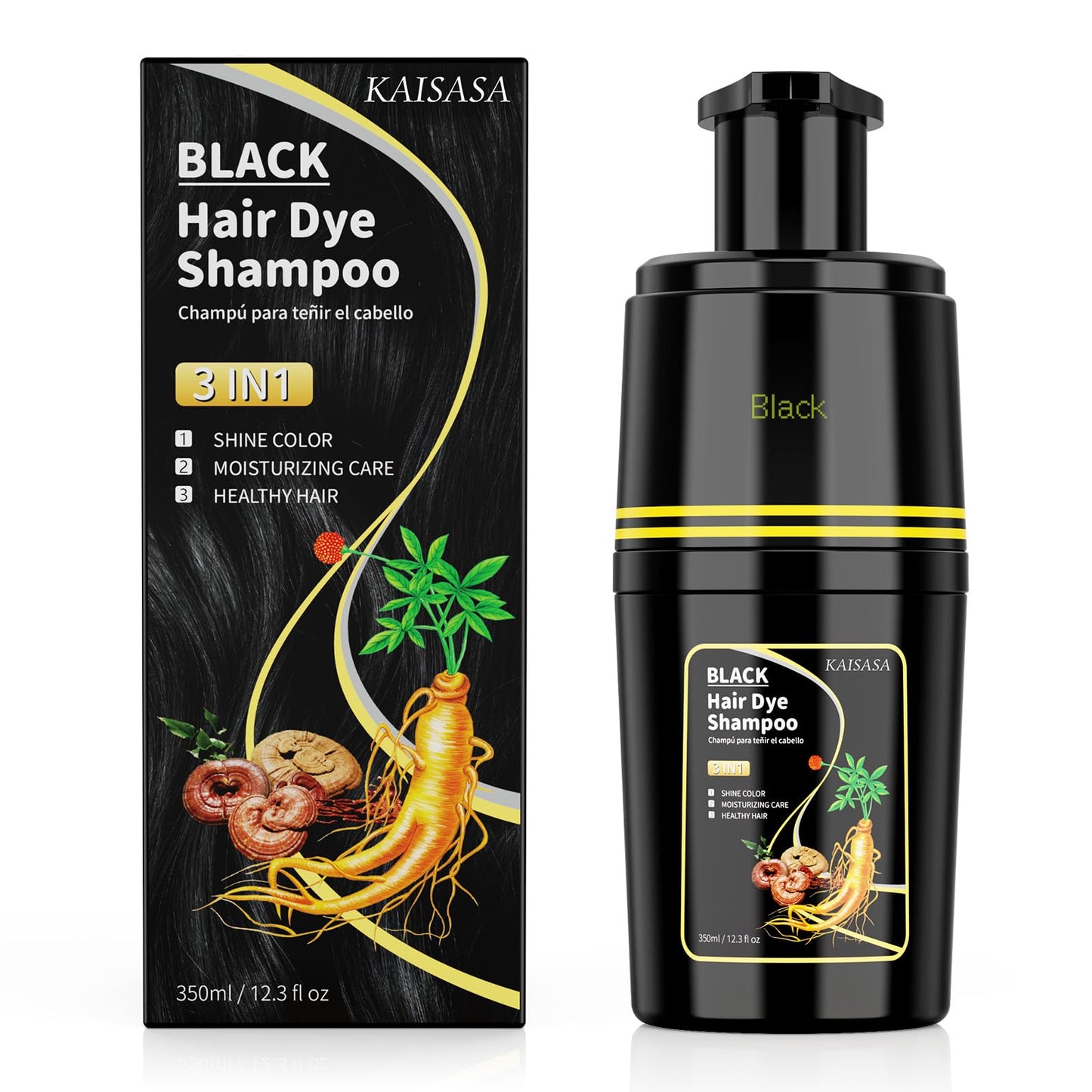 KAISASA Black Hair Dye Shampoo 3 in 1, Hair Color Shampoo for Cover Grey Hair, Hair Dye Shampoo for Men and Women (Black)
