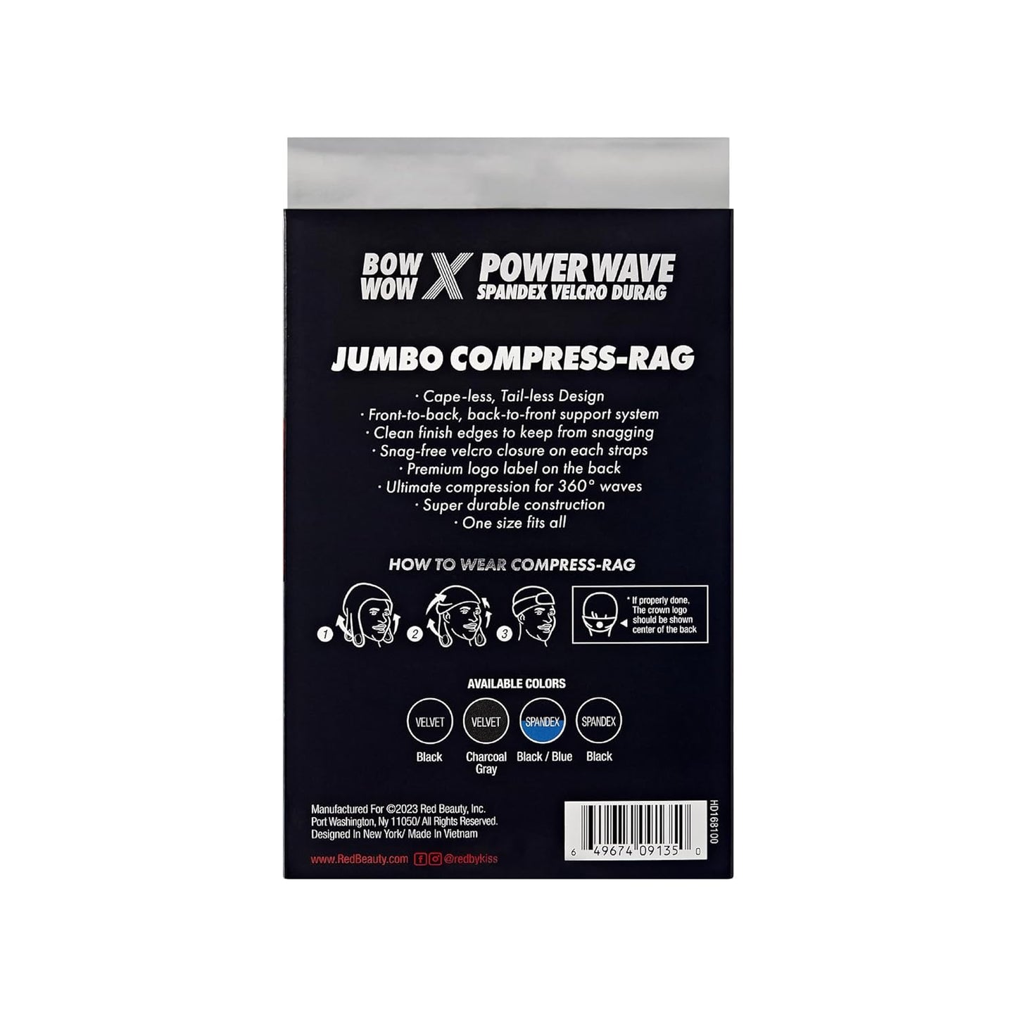 Premium Bow Wow X Power Wave Durag - 360 Wave Compression Cap for Men & Women | Adjustable Hook-and-Loop Strap, Jumbo Spandex - Black