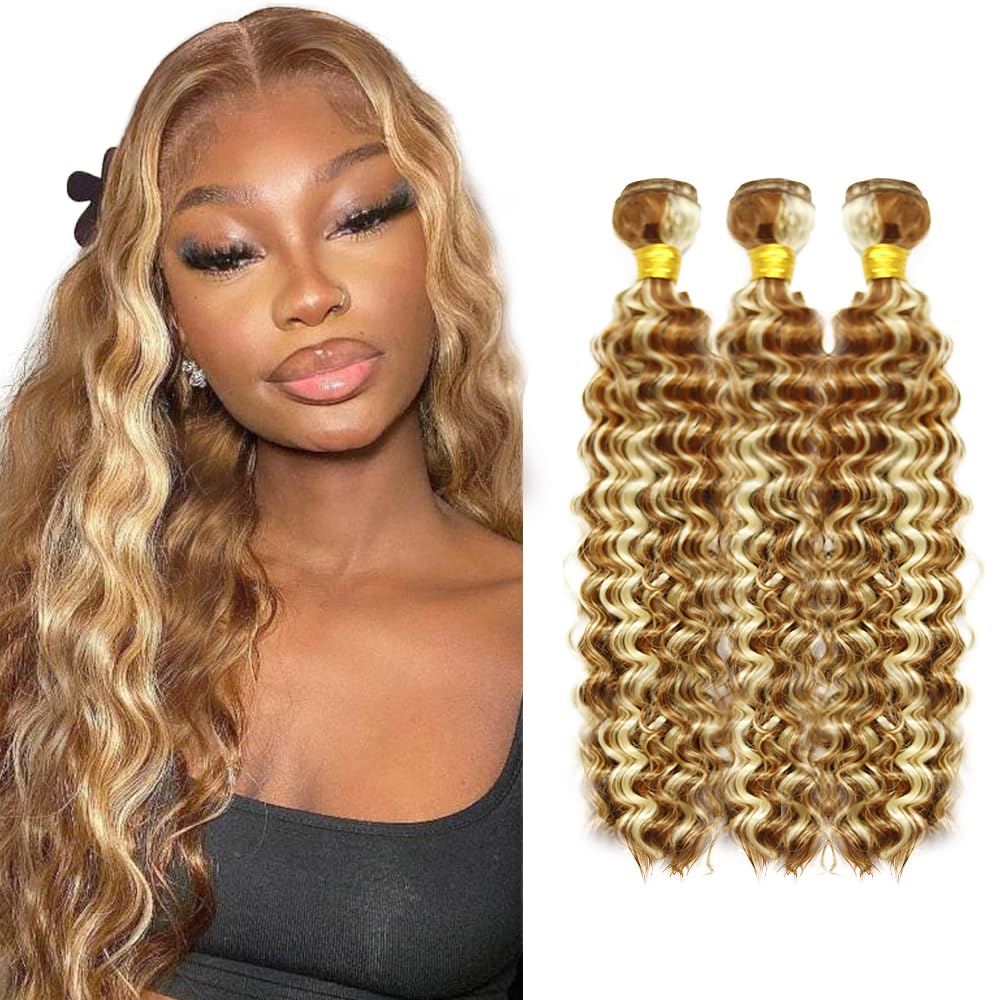 30 32 34 Inch Color #30 Deep Wave Bundles P30613 Highlight Human Hair Bundles Soft and Silky 2 Tone Brown Mixed With Blonde Bundle Hair Weave