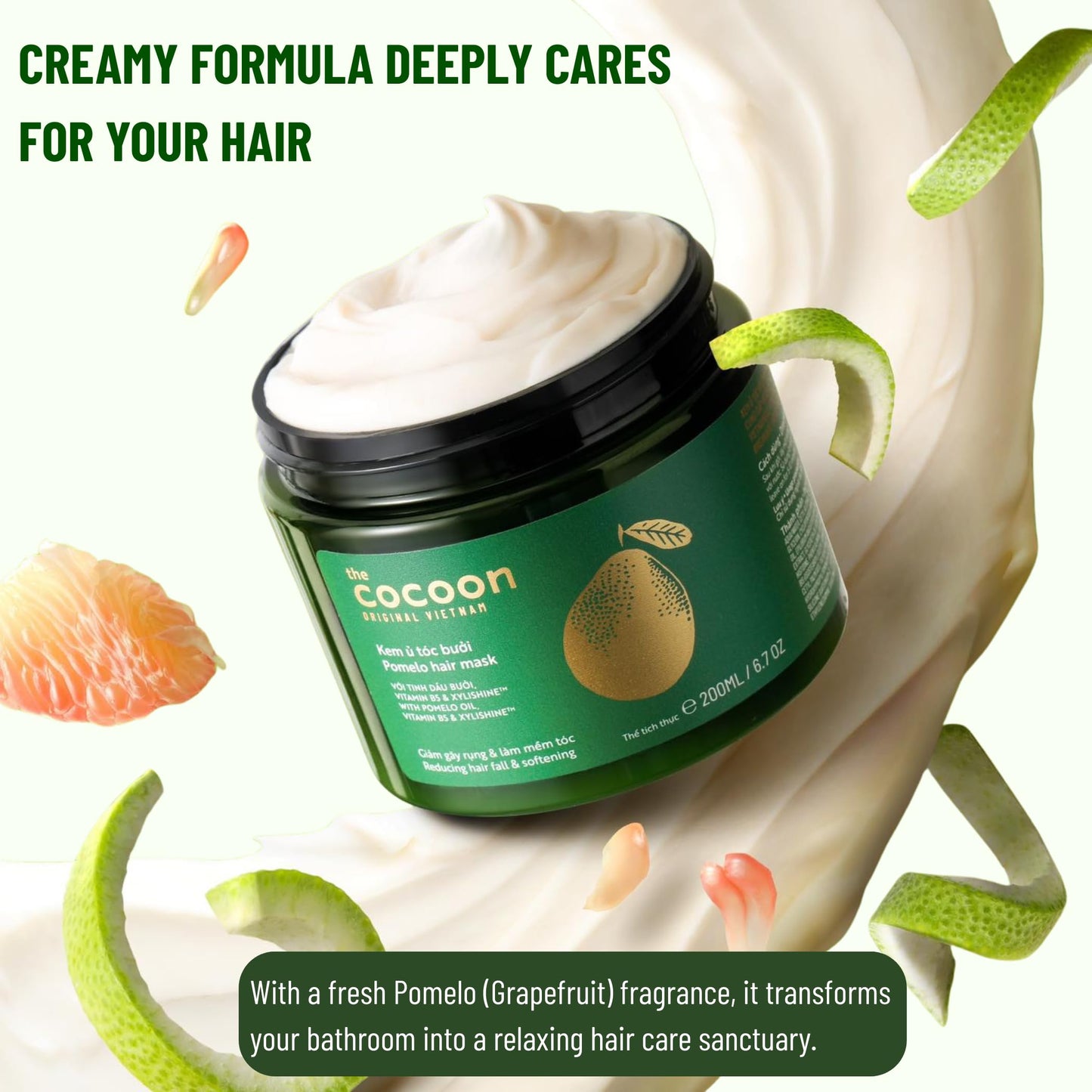 Cocoon Original Viet Nam Pomelo Hair Mask for Dry & Damaged Hair, Deep Conditioning Hair Treatment with Pomelo Essential Oil, Vitamin B5 & Xylishine, Hydrating & Softening Formula, 200 ml / 6.76 fl oz