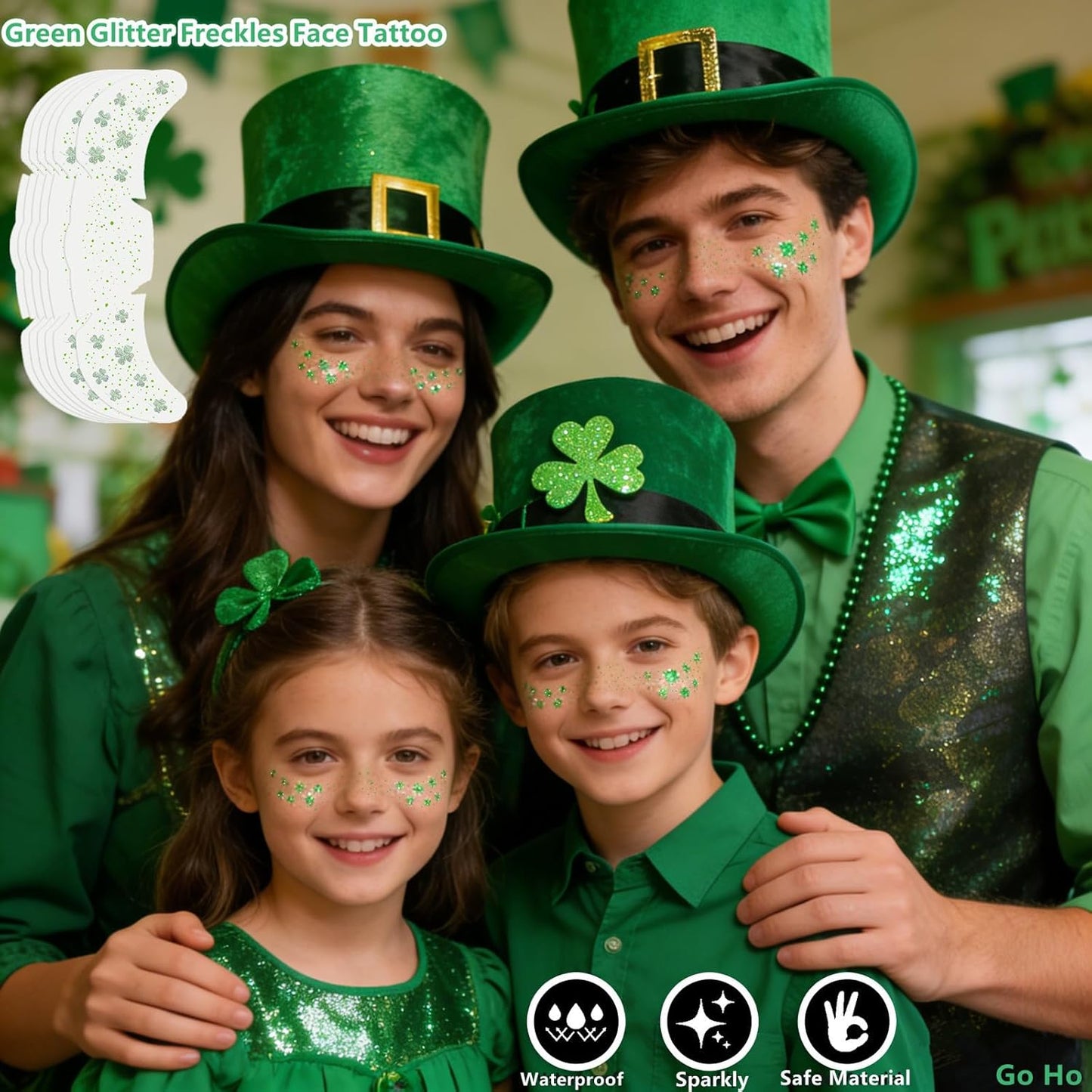 Shamrock Glitter Freckles Face Tattoos - St. Patrick's Day Accessories | 6 PCS Green Sparkle Stickers for Women & Kids