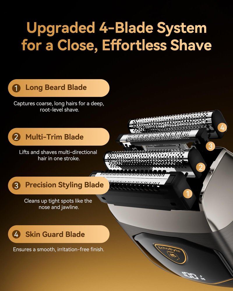 EchoByte Full Metal Electric Foil Shaver for Men: 4 Floating Blades, IPX7 Waterproof Wet & Dry Mini Razor, 120-Min Runtime USB-C Rechargeable, Quiet Travel Groomer with LED Display (Silver)