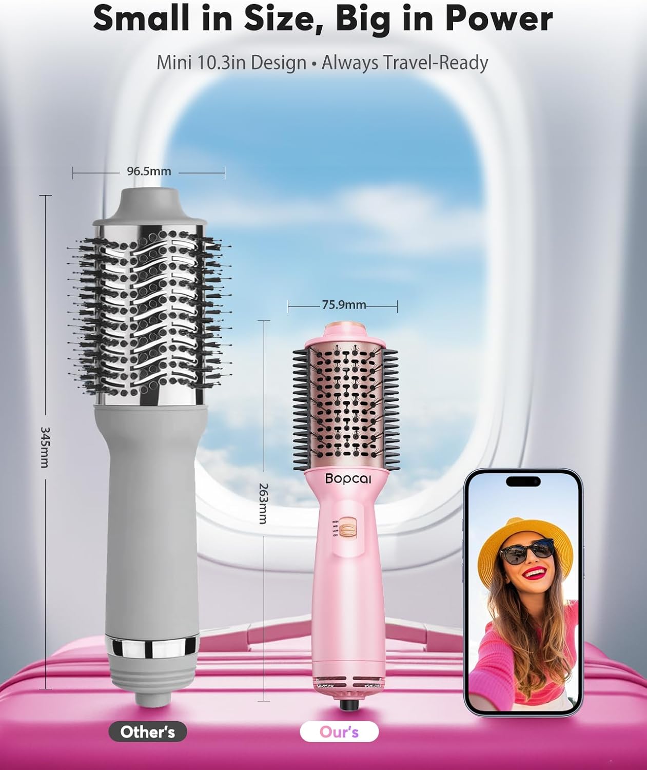 Travel Blow Dryer Brush - 4-in-1 Ionic Hot Air Brush for Volumizing, Straightening & Curling | Dual Voltage 100-240V