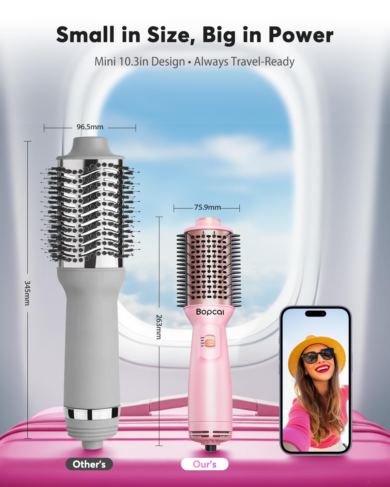 Bopcal 2" Travel Blow Dryer Brush, Dual Voltage 100-240V Hot Air Brush, 4-in-1 Ionic Hair Dryer Brush for Blowout, Volumizing, Straightening, Curling & Drying, Portable with EU UK Plug