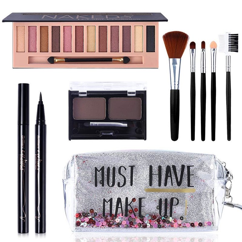 All-in-One Makeup Kit - 12 Color Nude Shimmer Eyeshadow Palette, Waterproof Eyeliner & Brushes | Quicksand Cosmetic Bag Gift Set