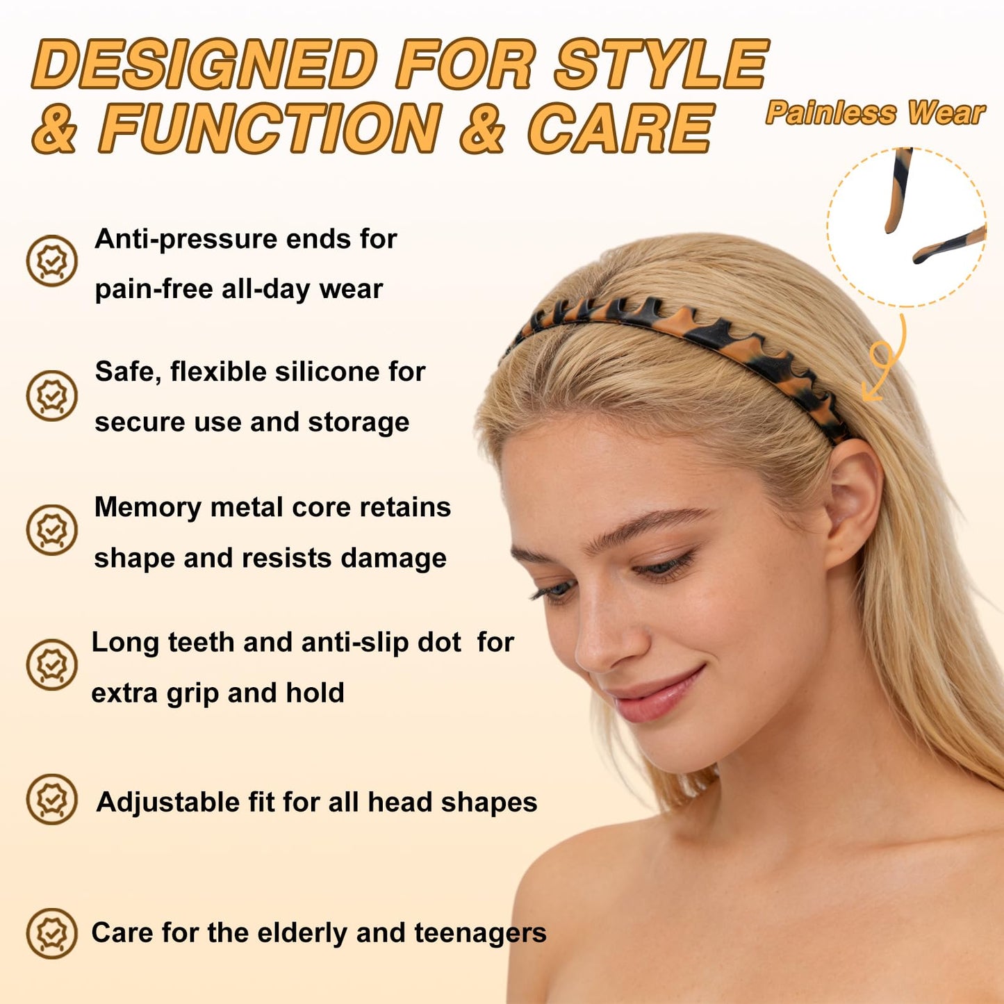 lumitrail 2pcs Silicone Comb Headbands for Women Non Slip, No Headache Headband with Teeth for Girls, Soft Head Bands for Women's Hair (Tortoise & Black)