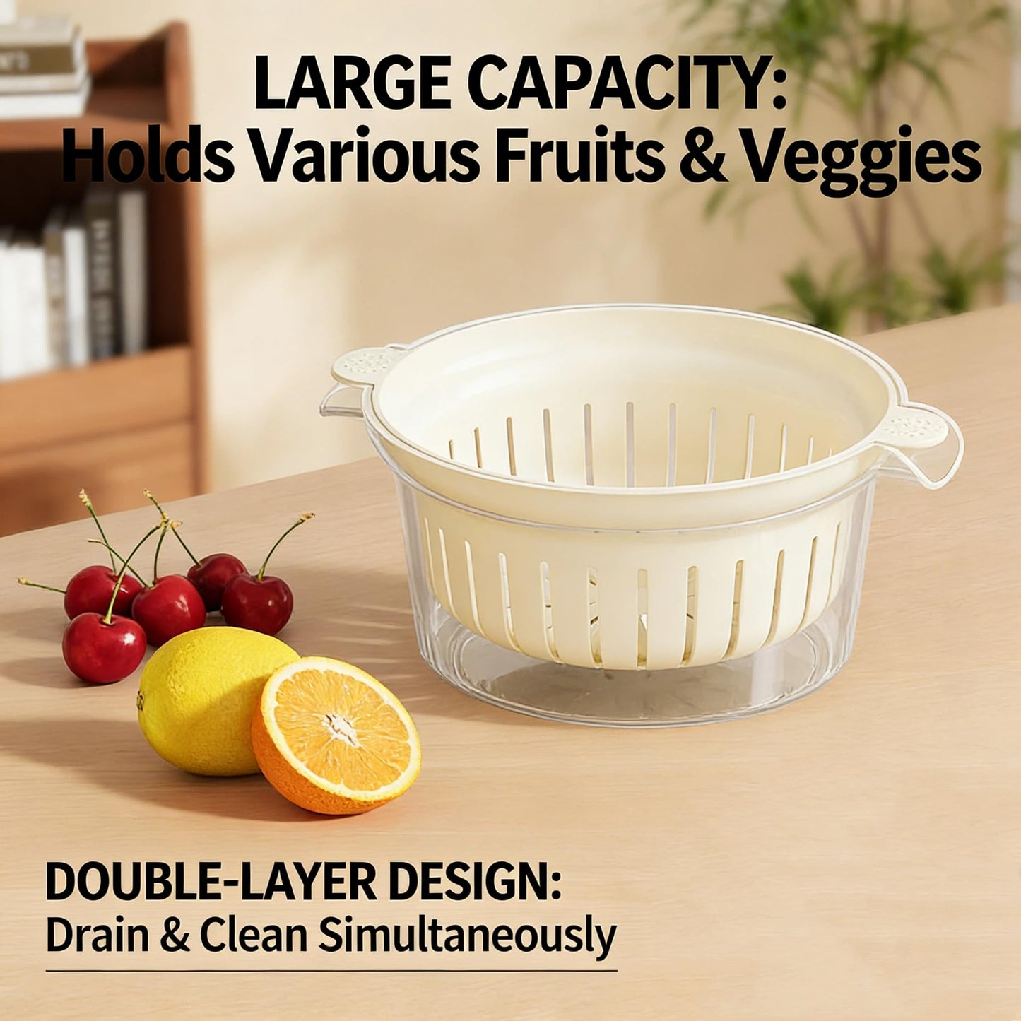 Fruit Drain Basket Set, Dual Layer Kitchen Colander with Drain Bowl for Washing Fruits Vegetables Pasta, Lightweight Food Strainer with Handles and Transparent Base for Home Kitchen Use