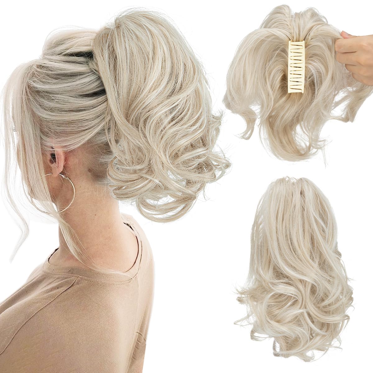 CJL Hair Claw Clip Short Ponytail Extensions - Bendable Metal Messy Bun Piece | Wavy Curly Synthetic Hair, Ash Grey