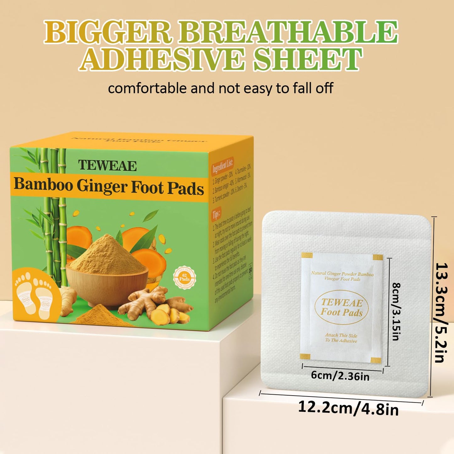 TEWEAE 62 Pads Foot Pads for Better Sleep, Natural Ginger & Bamboo Vinegar Turmeric Wormwood - No Off - Improves Sleep and Relaxation - Premium Foot Care Good Night Foot Patches. for Father's Day