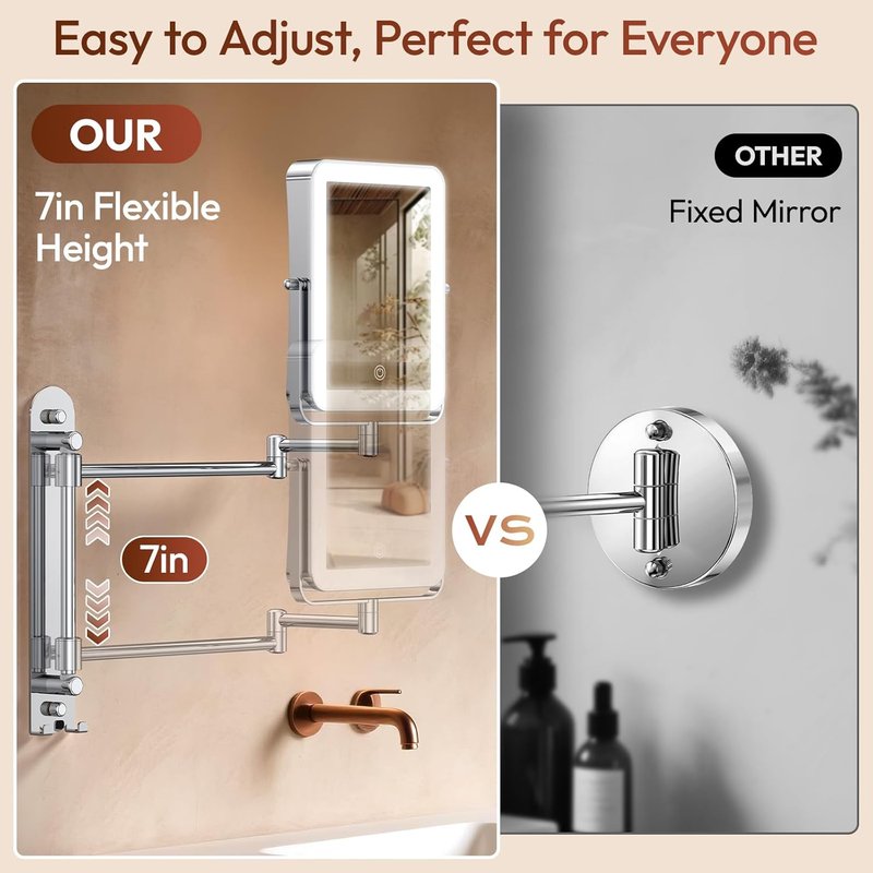 Height Adjustable Makeup Mirror - Lighted 10X Magnifying Design | 7in Slide Rail & 360° Extended Arm
