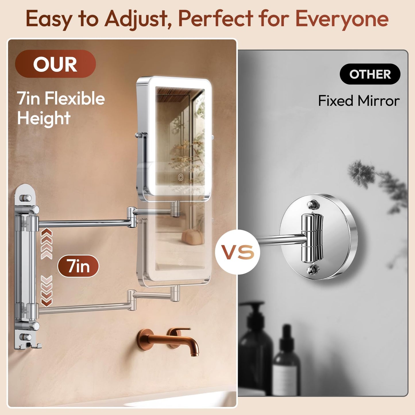 Glowtop Height Adjustable Wall Mounted Lighted Makeup Mirror with Lights, 10X Magnifying Mirror for Bathroom, 7in Slide Rail and 360° Extended Arm, Rechargeable Wall Mirror with Dual Hooks for Hotel