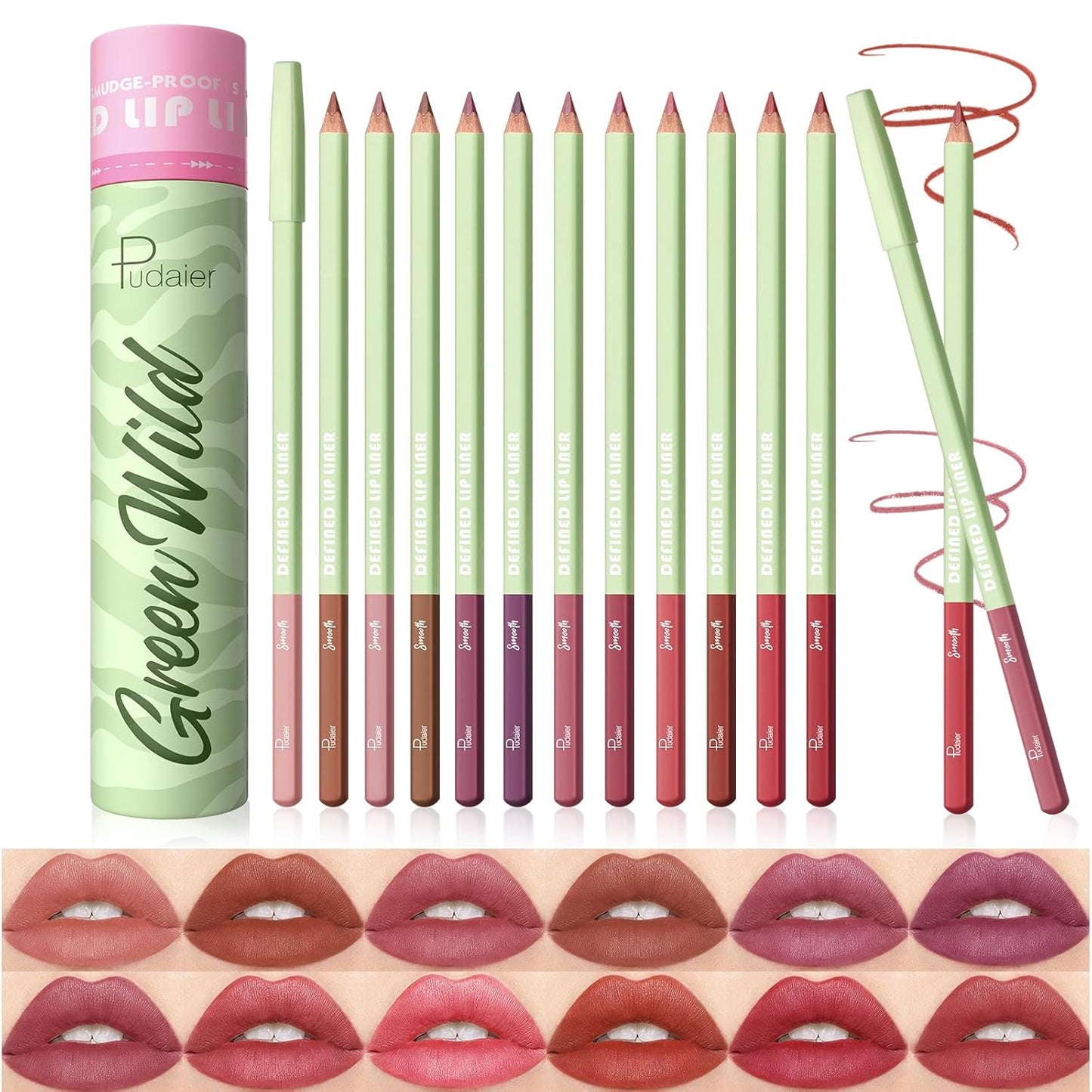 Pudaier 12-Color Lip Liner Set - Waterproof Matte Velvet Lip Liners | Long-Lasting, High Pigment, Creamy Smooth
