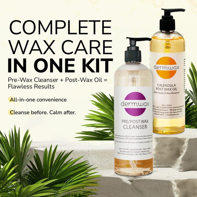 Dermwax Pre and Post Wax Care Kit – Complete Prep & Aftercare in One Set – Cleanser Removes Oils & Residue – Calendula Oil Calms & Nourishes Skin – Gentle, Paraben-Free Formulas