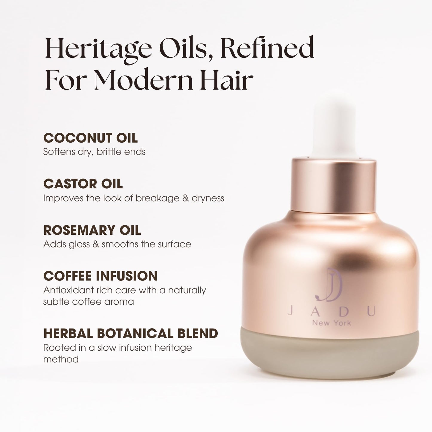 Jadu Hair Oil For Dry Hair, Split Ends Care, Natural Treatment For Damaged Bleached And Frizzy Hair, Coconut Castor Rosemary Coffee Blend, Lightweight Absorbing Formula For Smoother Softer Ends, 30 Ml