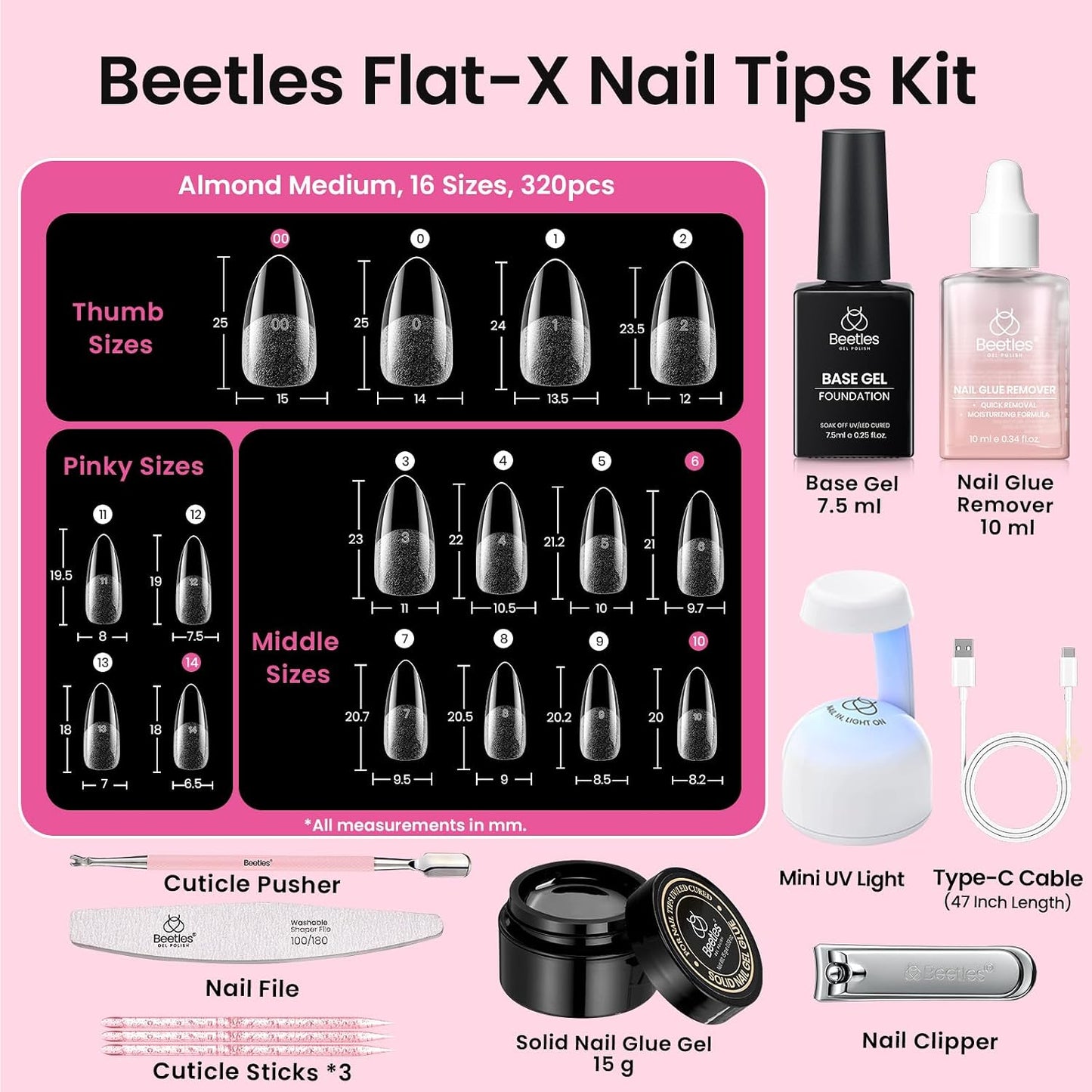 Beetles Gel Nail Kit - Almond Medium 320pcs Nail Tips & Mini Lamp | DIY Acrylic Press-On Nails at Home