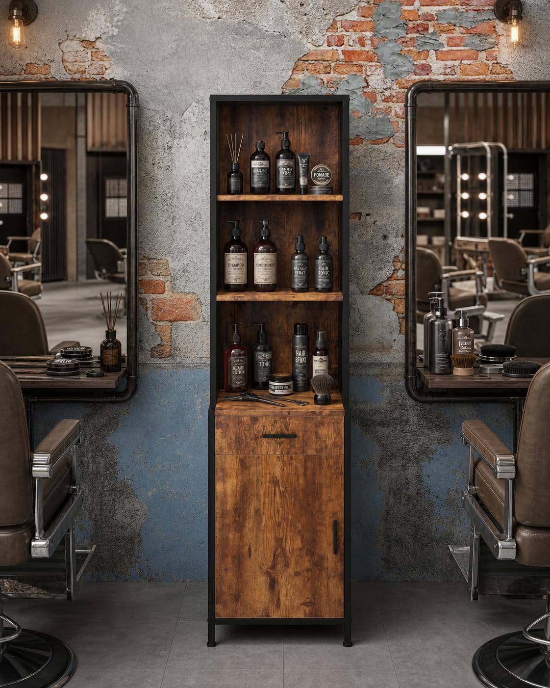 RESHABLE Industrial Salon Station with 3-Tier Storage Shelf, Cabinets and Storage for Hair Stylist, Beauty Spa Equipment, Rustic Brown