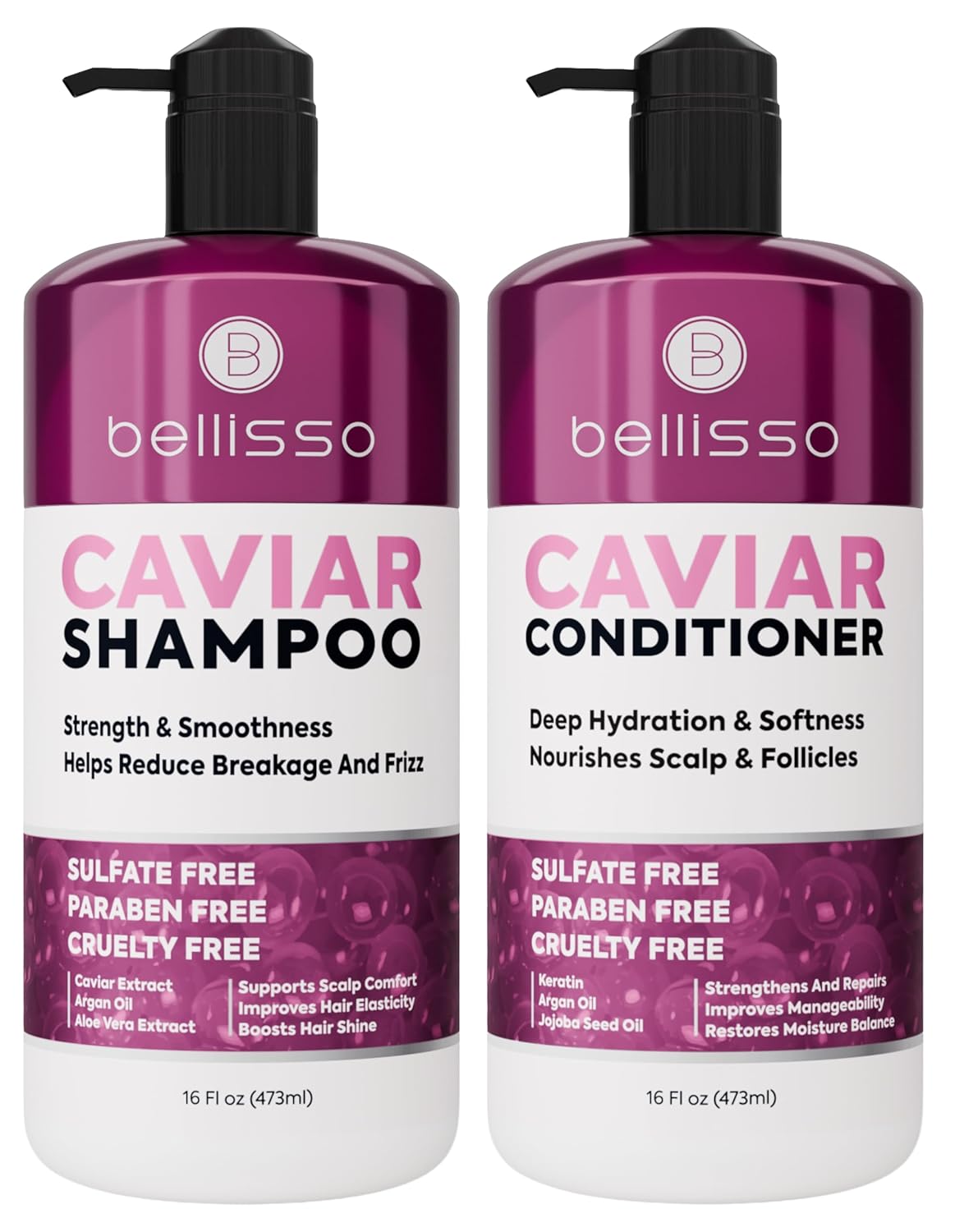 Caviar Shampoo and Conditioner Set - Sulfate-Free Moisturizing Formula for Dry Hair | Deep Conditioning Anti-Frizz Treatment - 16 Fl Oz (Set of 2)