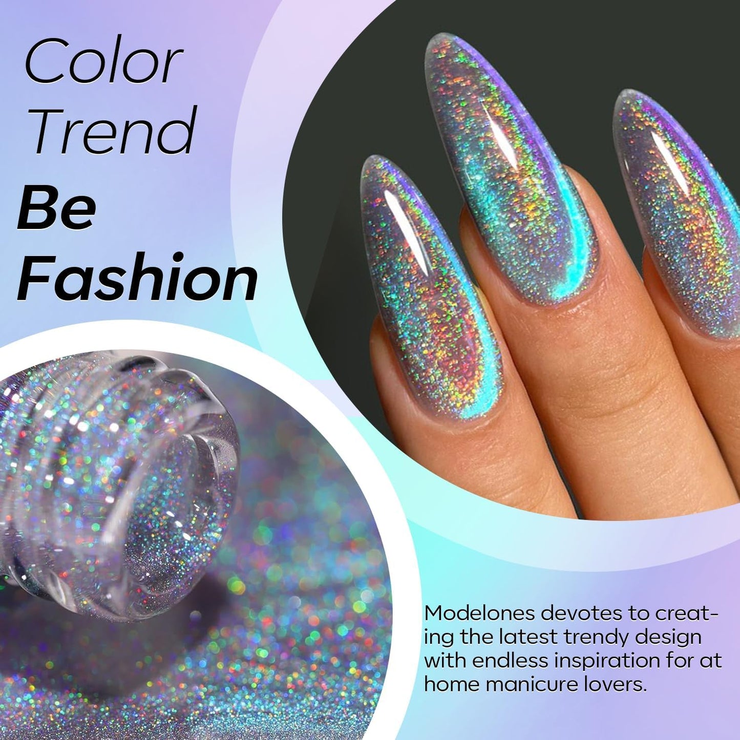 modelones 9D Magnetic Cat Eye Gel Nail Polish, Holographic Blue Purple Rainbow Shimmer, 15ML UV LED Soak Off Gel Manicure Design - Reflective Top Coat for Women & Girls