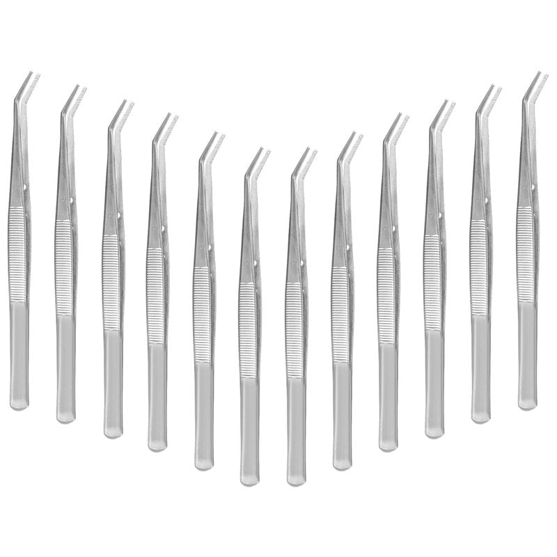 CONEHOY 12 Pcs Stainless Steel Tweezers Multipurpose Sewing Machine Forceps Bulk with Curved Serrated Tip for Crafting (Silver)
