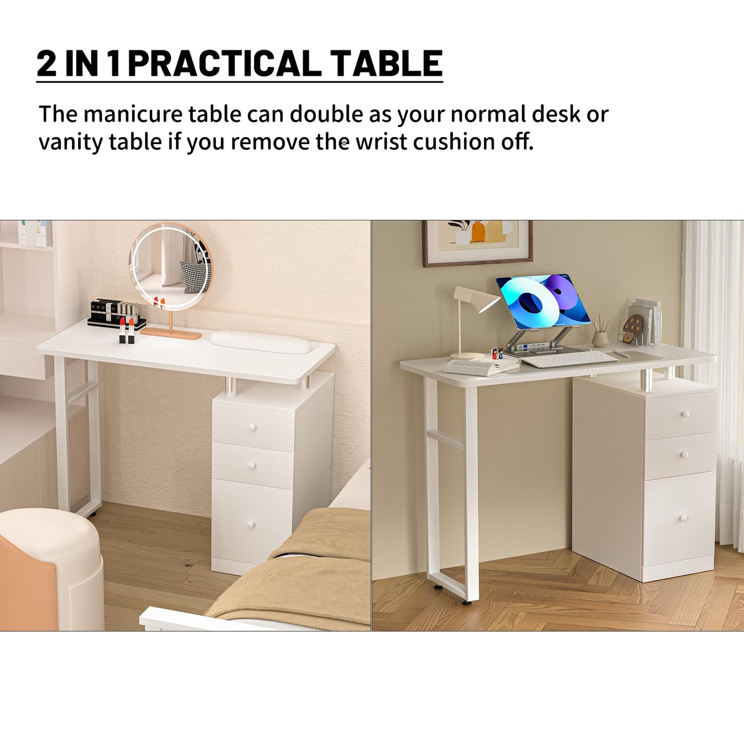 DeerDean White Manicure Table Nail Desk Acetone Resistant w/Wrist Cushion, Drawers & Cabinets