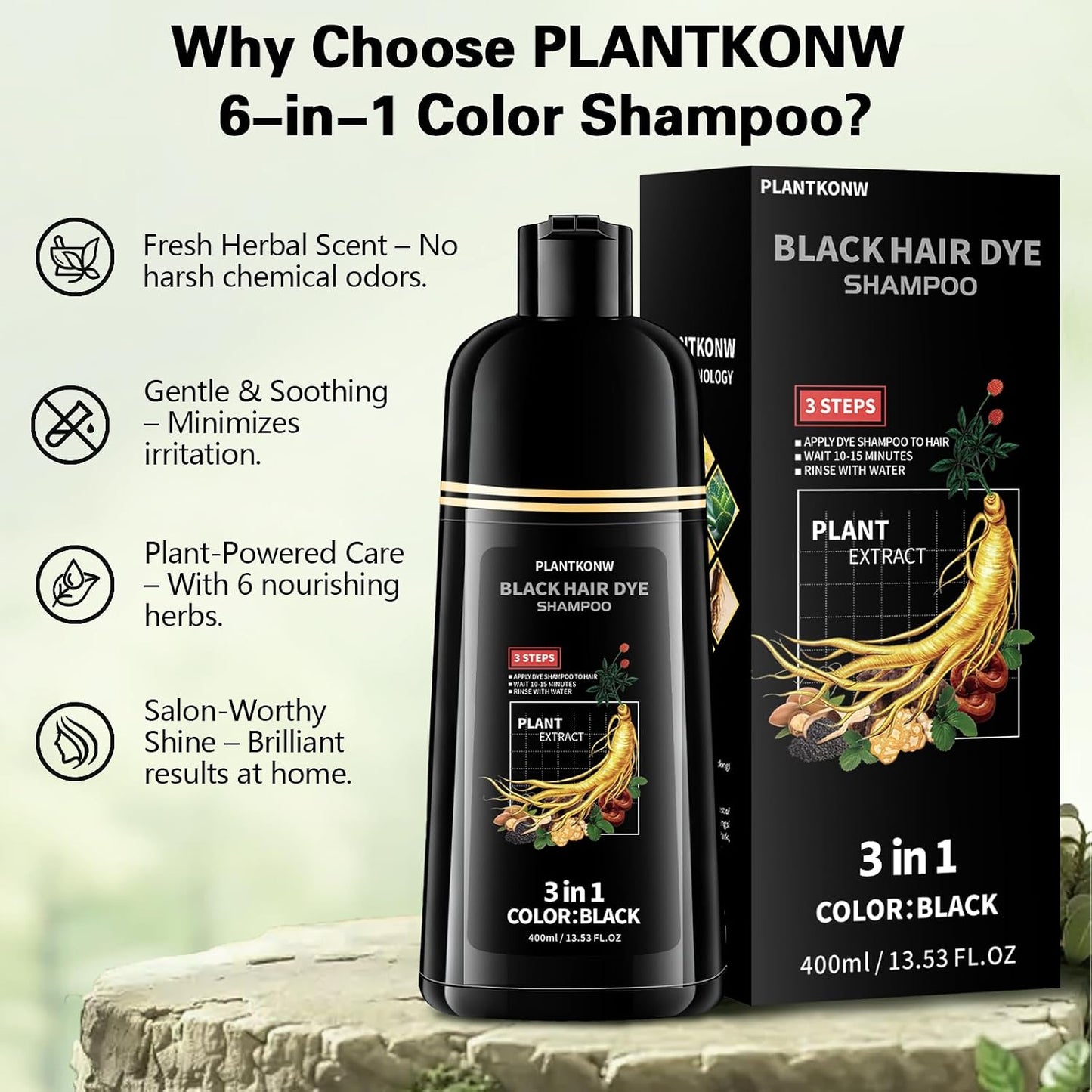 Black Hair Dye Shampoo - 3 In 1 Semi-Permanent Color for Gray Coverage | Ammonia & Paraben Free