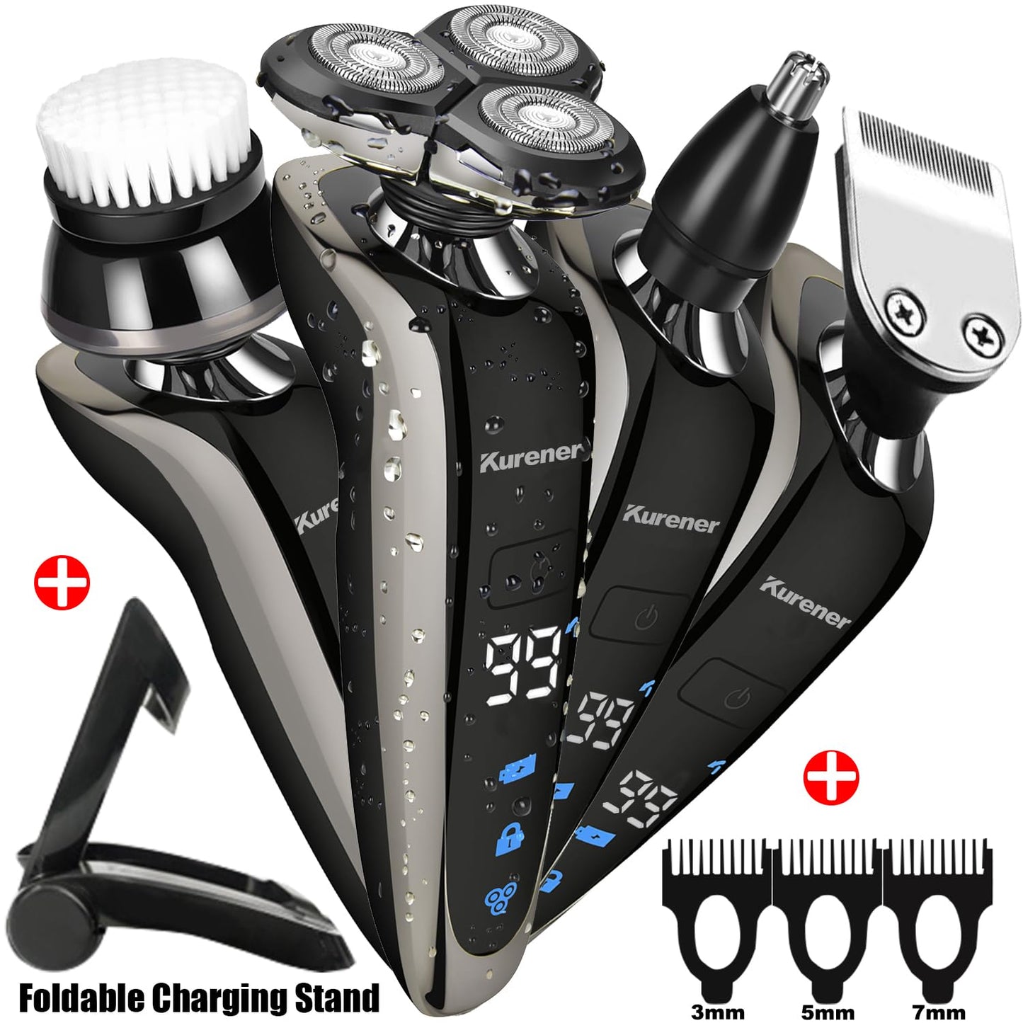 Electric Shaver Razor for Men - Rechargeable & 100% Waterproof Rotary Shaving with Nose & Sideburn Trimmers | Face Cleaning Brush