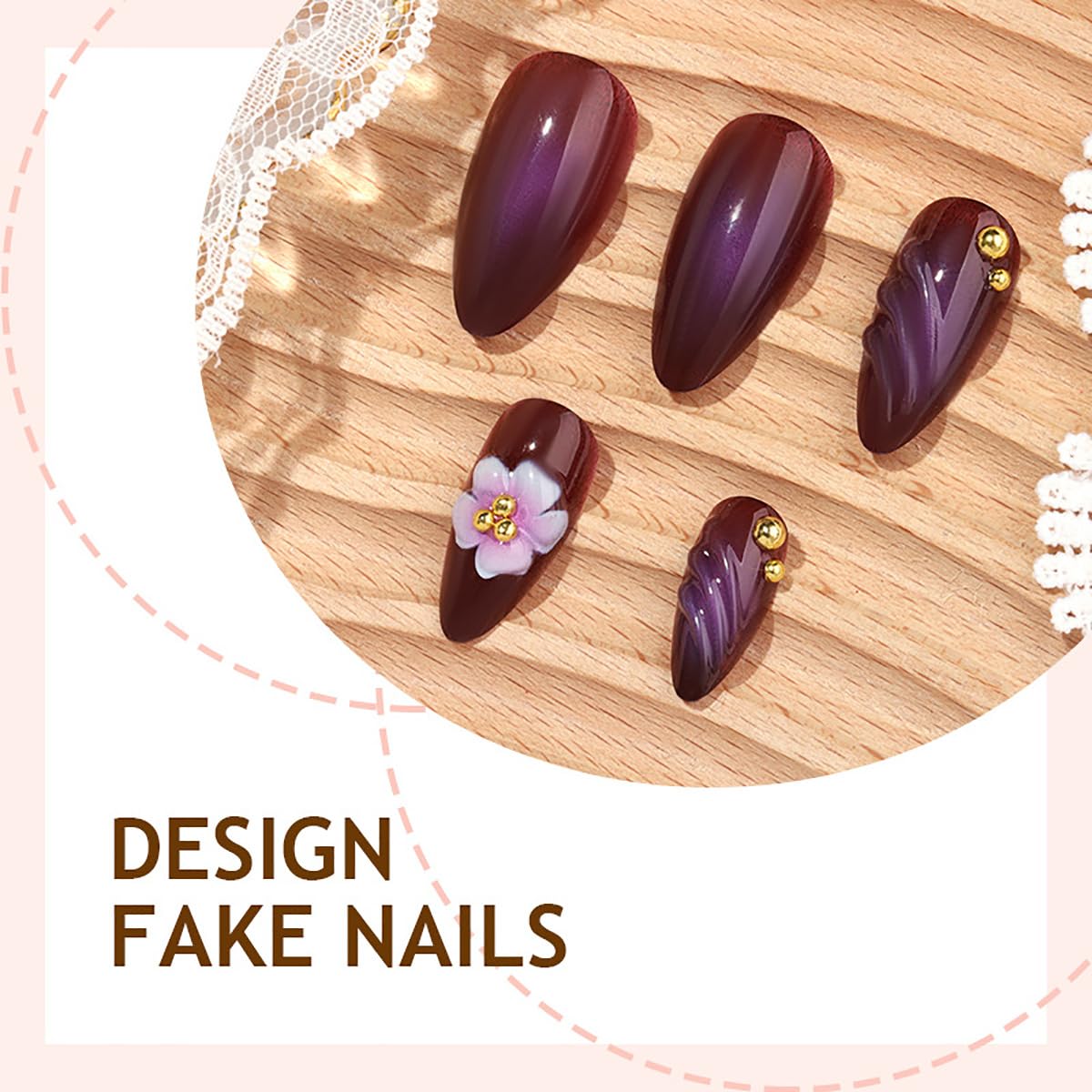 Flower Press-On Nails - Dark Purple Almond Shape with Gold Beads | 24 Pcs Reusable French Tip Design for Women
