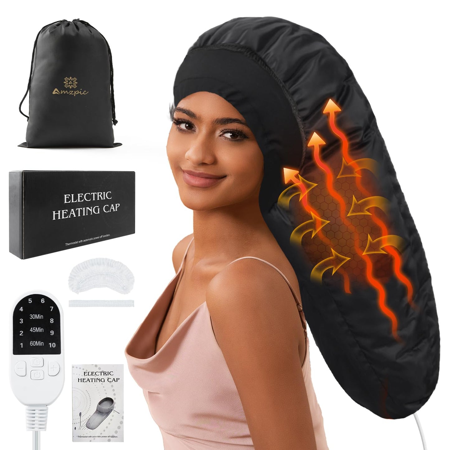 Amzpic Thermal Hair Steamer Cap for Deep Conditioning | 10-Level Fast Heating 3 Timer Settings Portable Electric Heat Cap for Natural Black Hair Home Hair Spa Treatment, Solid Black