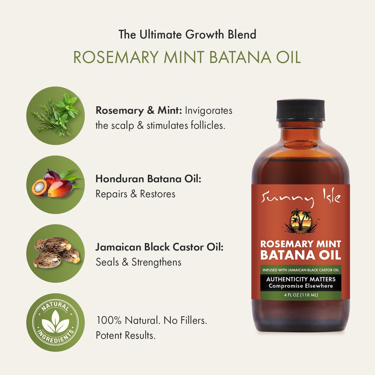 Sunny Isle Rosemary Mint Batana Oil 4oz – Hair & Scalp Oil for Thicker, Stronger-Looking Hair – Honduran Batana, Jamaican Black Castor Oil, Peppermint & Rosemary – For Dry, Damaged Hair