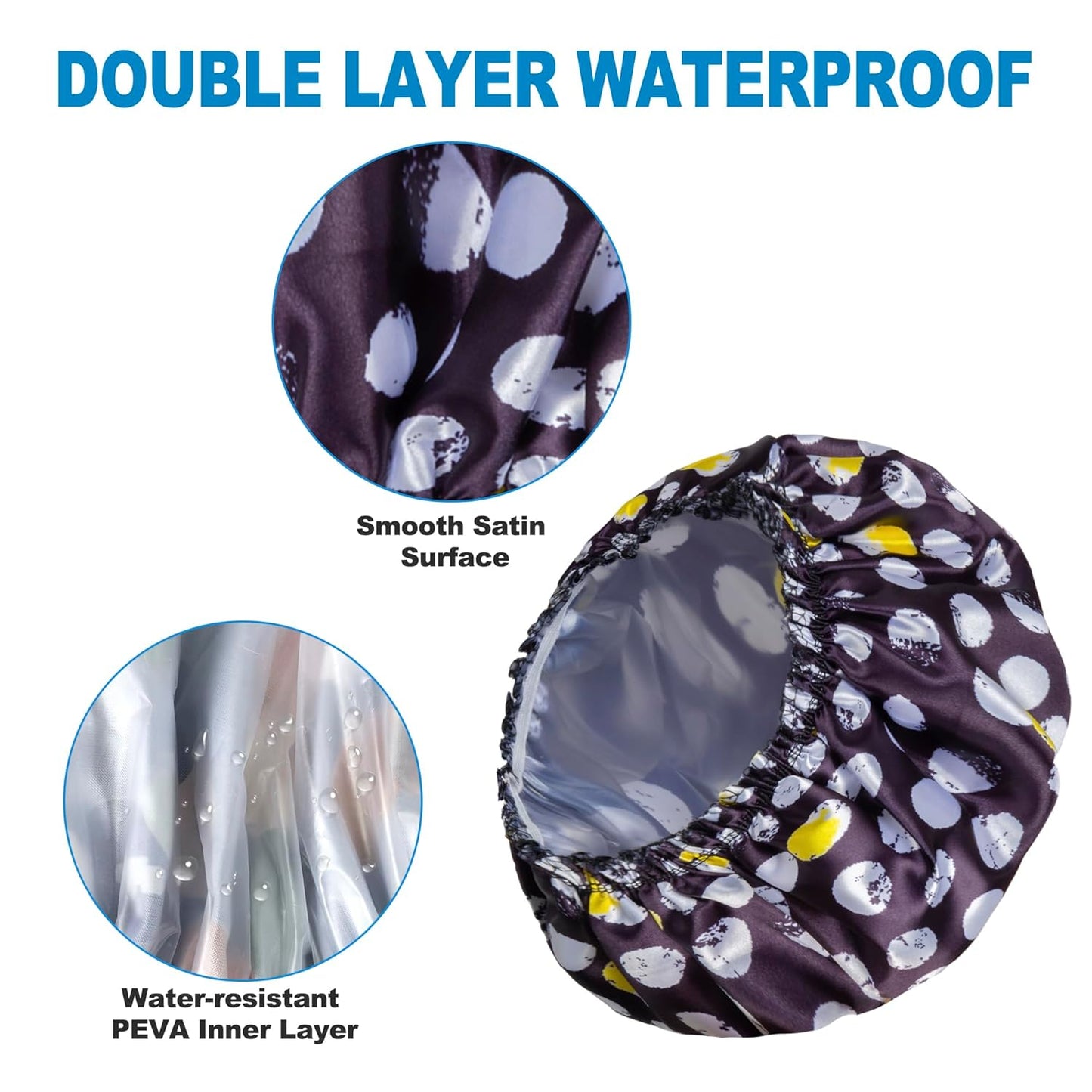 Shower Cap Set of 4 - Reusable Waterproof Double Layer Hair Caps + 2 Satin Scrunchies | Pattern A