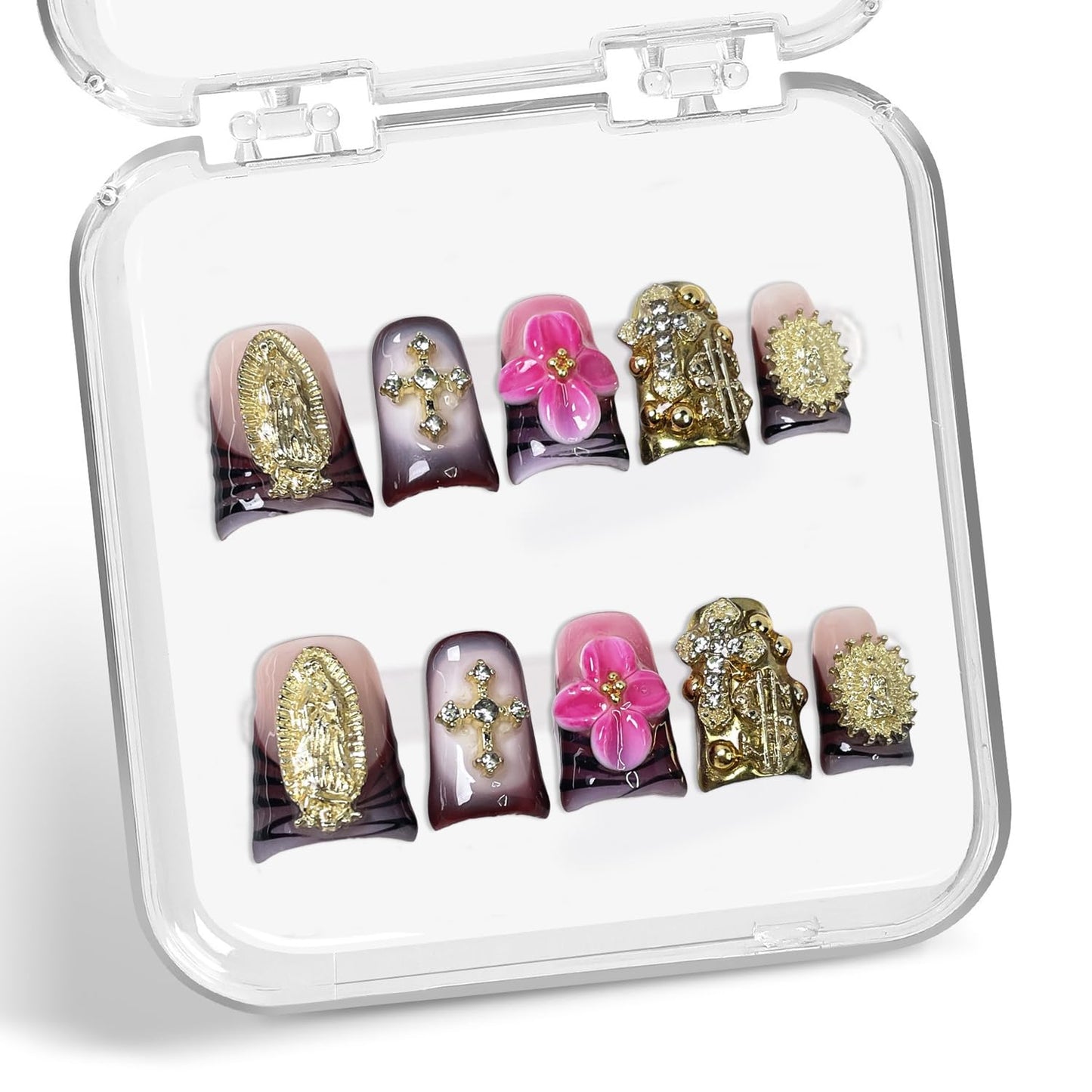 Colorful 3D Flower Press-On Nails - Handmade Thick Acrylic Full Cover | White French Tip (Medium)