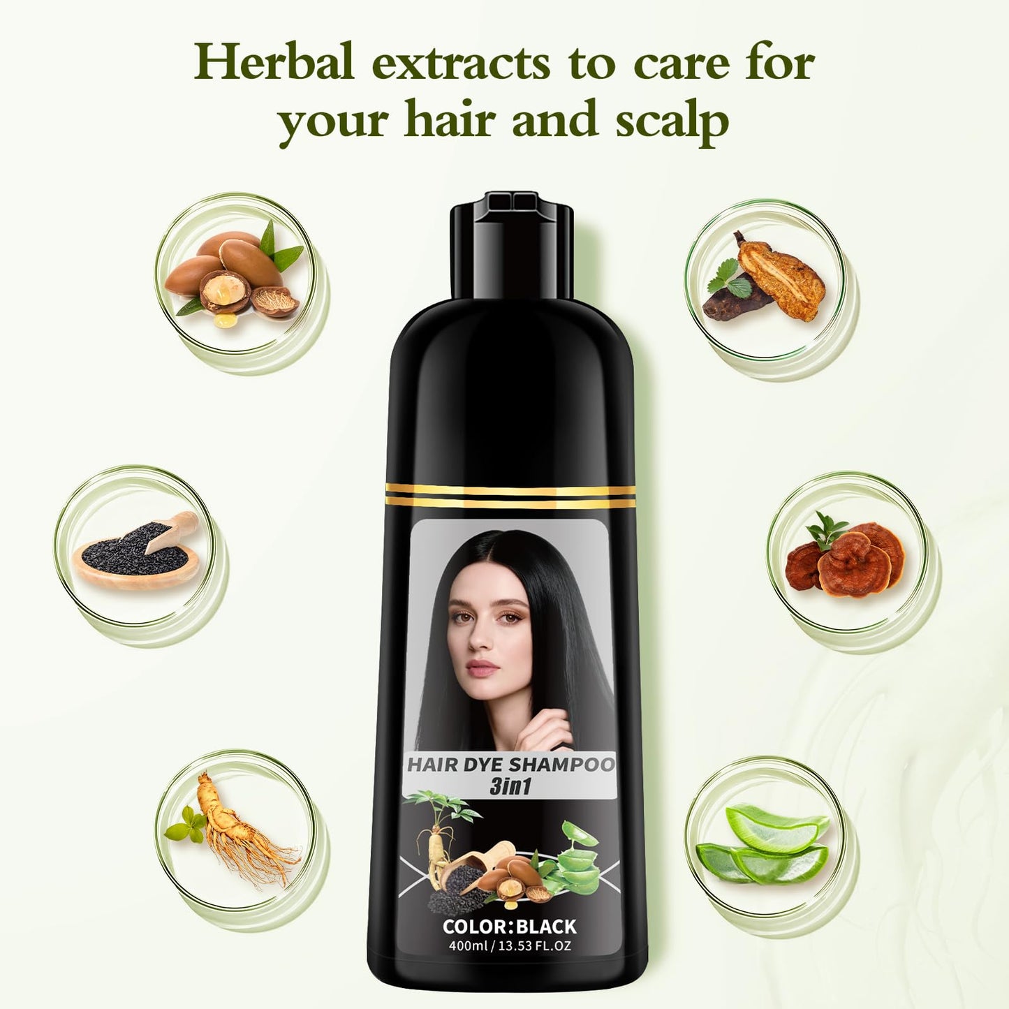 Black Hair Dye Shampoo, 100% Gray Hair Coverage Black Hair Dye for Women Men, 3 in 1 Natural Herbal Ammonia Free Instant Hair Color Shampoo with Long-lasting Color Effect