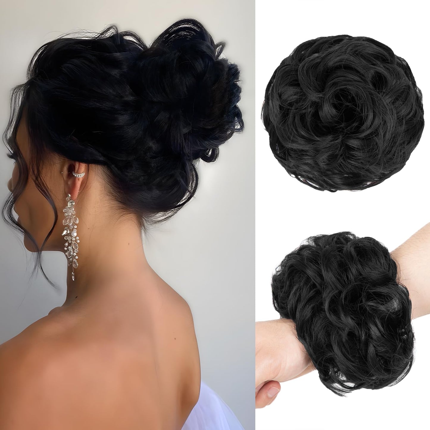 FAYDERS 1PCS Messy Bun Hair Piece Wavy Curly Thick Updo Hairpiece Synthetic Chignon Hair Bun Scrunchies Extension for Women