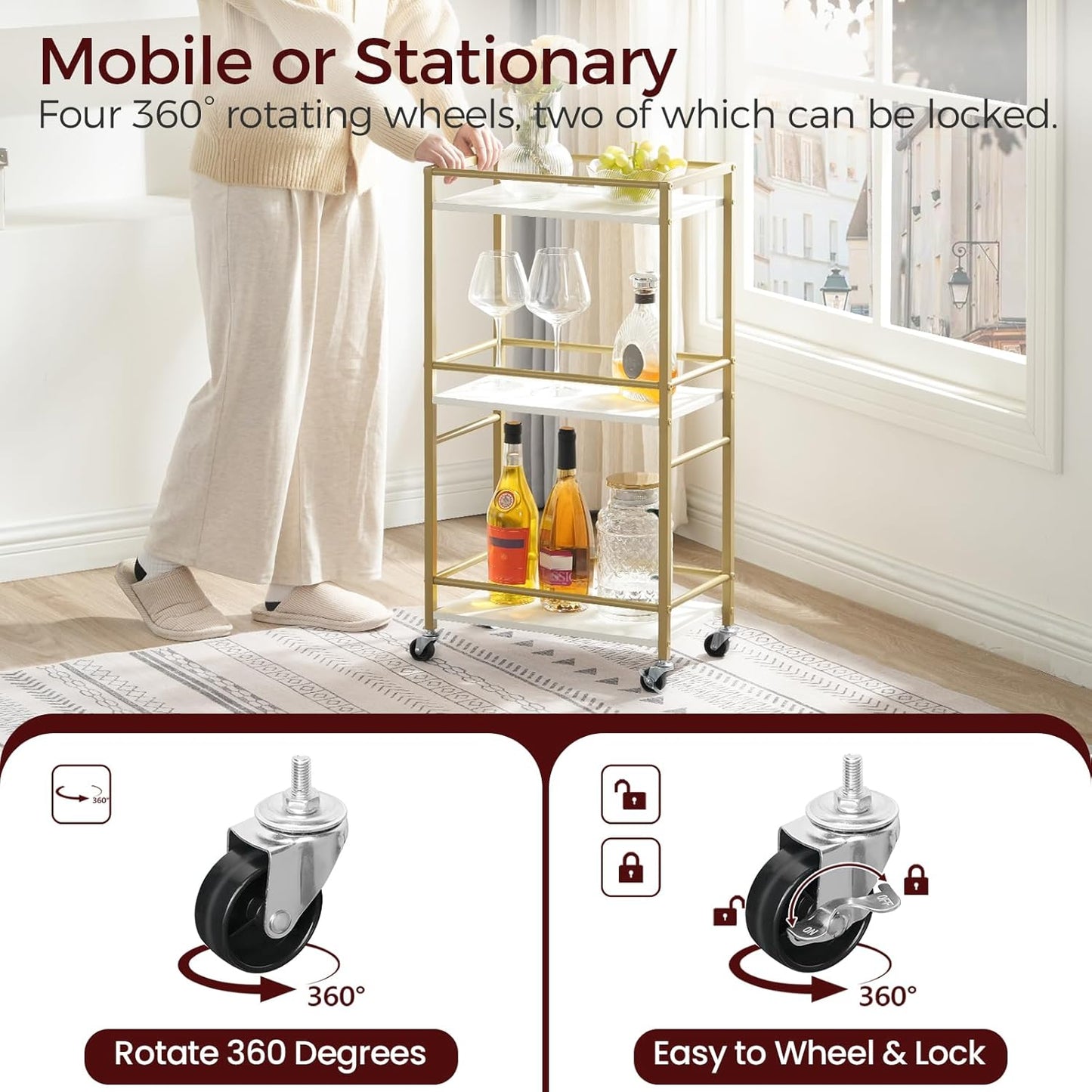 Bar Cart - 3-Tier Rolling Drink Cart on Wheels for Home | Gold Mini Bar Serving Cart for Small Spaces