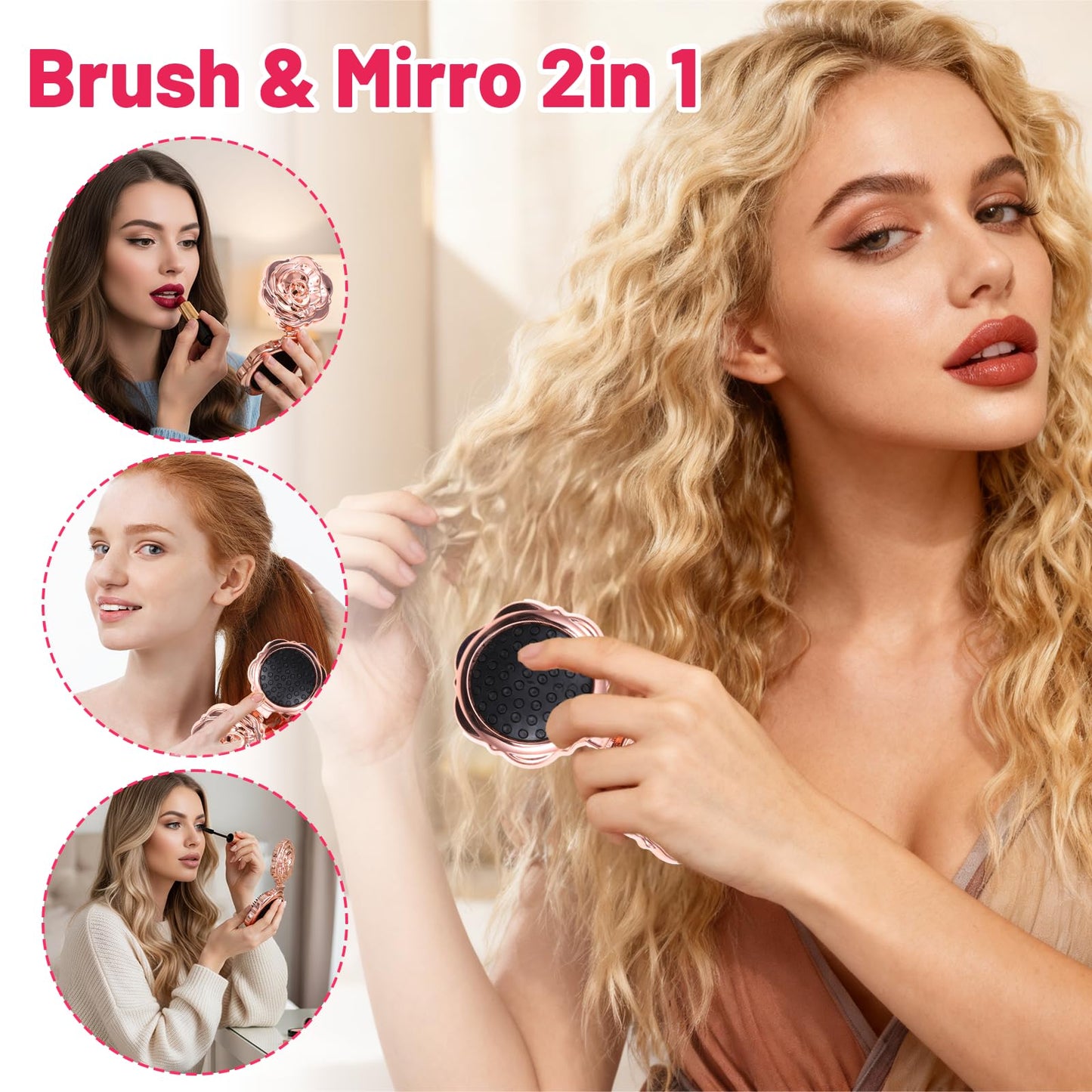 Matwsec 2 Pcs Folding Hair Brush for Women, Rose Gold Small Hair Brush for Purse, Compact Mini Hairbrush with Mirror, Portable Pocket Travel HairBrush for Women Girls Stocking stuffers