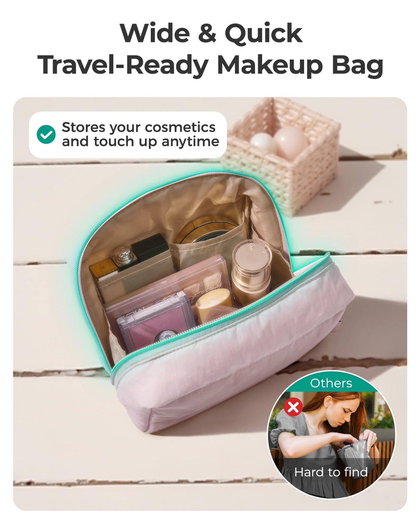 BAGSMART Puffy Makeup Bag, Wide Opening Cosmetic Organizer, Soft Water-Resistant Travel Toiletry Pouch for Women for Purse, Compact & Spacious