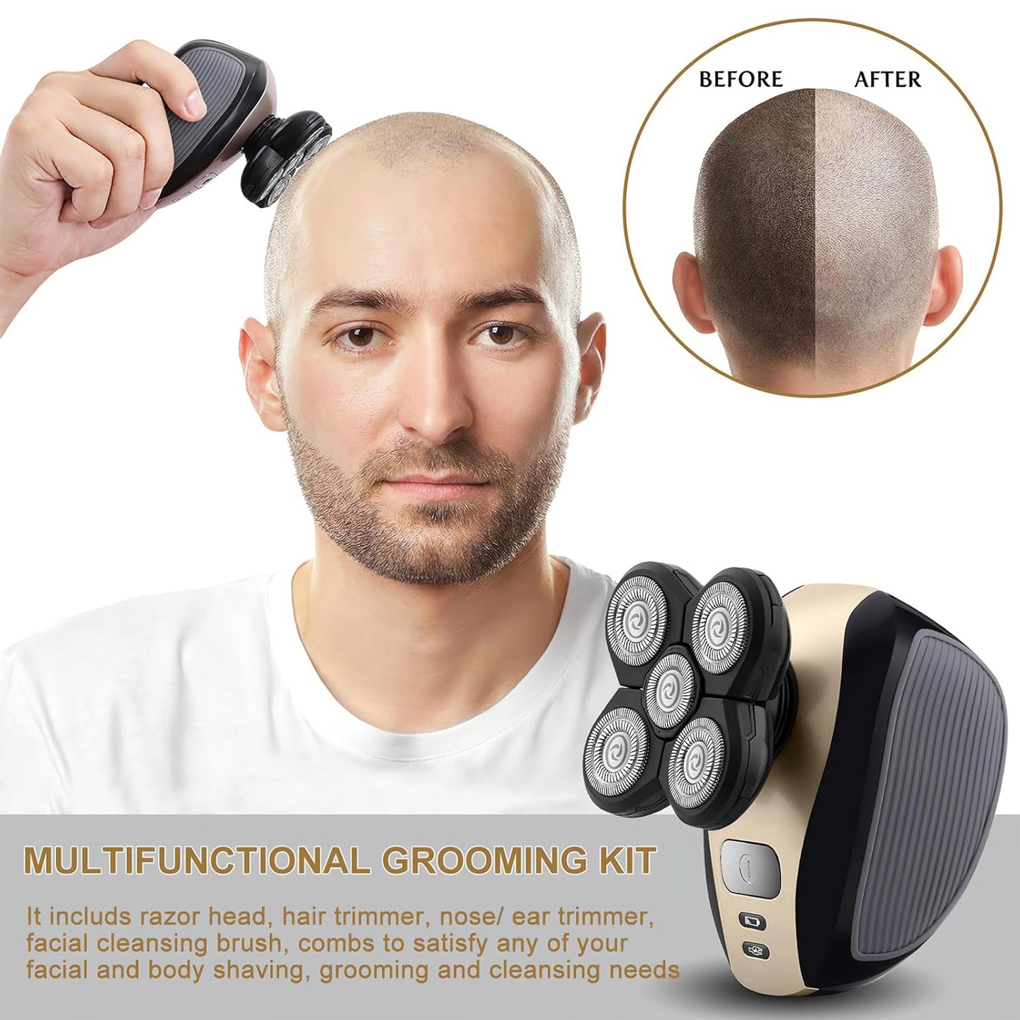 Bald Shavers for Men - 5-in-1 Waterproof Electric Head Razor | Cordless, Wet/Dry Shaving, Mess-Free Hair Capture