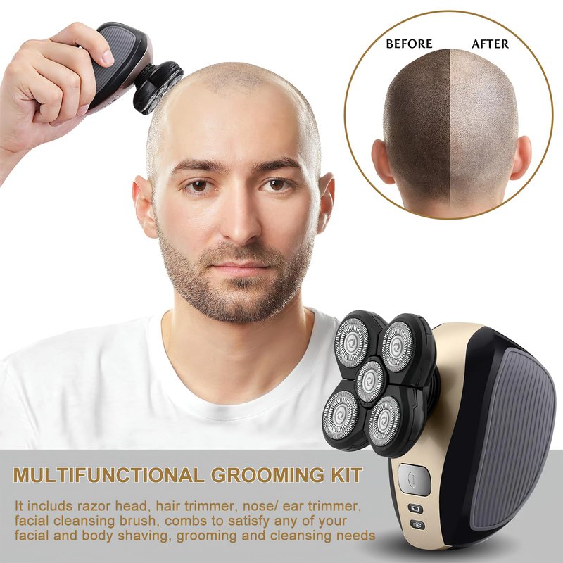 Bald Shavers for Men - Telfun Upgrade 5-in-1 Electric Head Shavers for Bald Men, 100% Waterproof Cordless Razor, Wet/Dry Shaving, 5 Dual Track Heads, Mess-Free Hair Capture