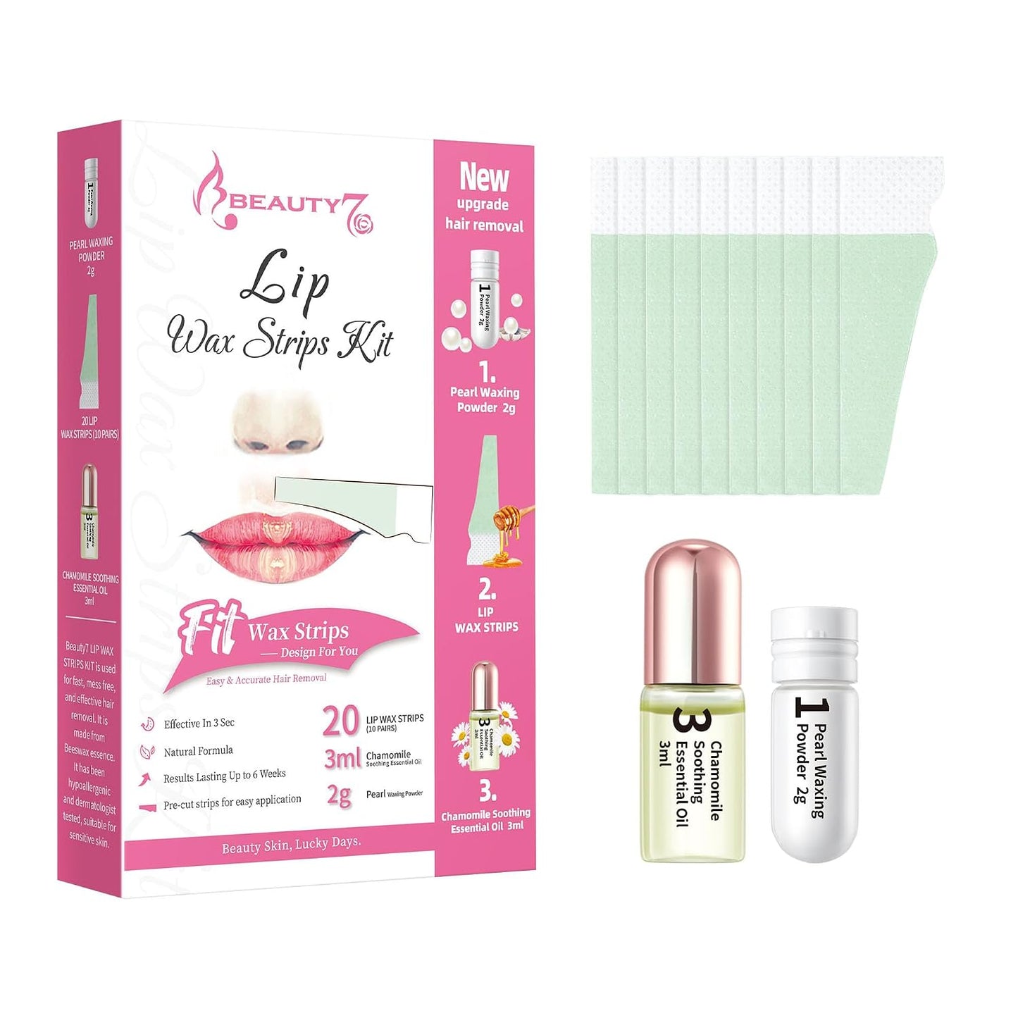 Beauty7 Lip Wax Strips - Facial Hair Removal for All Skin Types | 20 Pcs with Pearl Powder Oil
