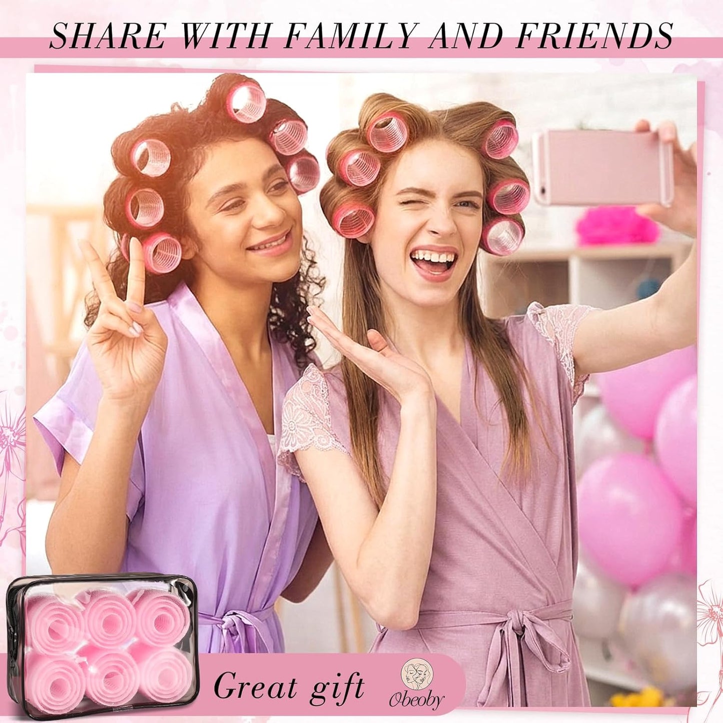 Self-Grip Hair Rollers Set - 50 Pcs for Long, Short Hair & Bangs | 4 Sizes (25mm, 36mm, 48mm, 60mm) - Pink