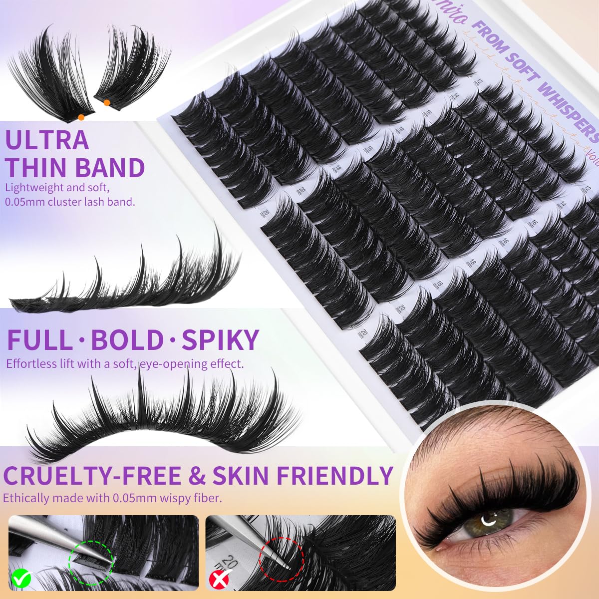 Lash Clusters with Spikes - 12-20mm Wispy Fluffy DIY Eyelash Extensions | 216pcs Individual Lashes