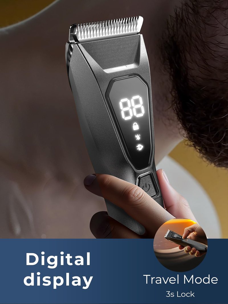 Lijecozy Pubic Hair Trimmer for Man - Cordless Body Hair Trimmer for Men - Electric Ball Shaver with Display & Light - Waterproof Wet/Dry Groomer kit for Groin - 4000K Light - Cosmic Black