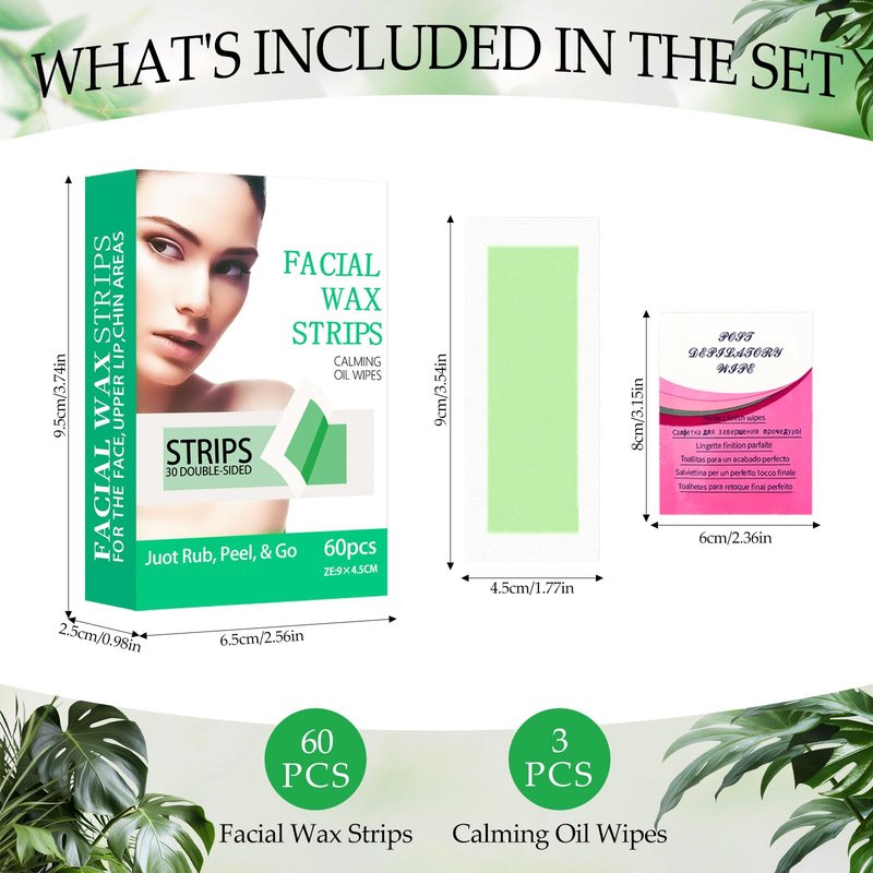 Facial Wax Strips for Hair Removal, Wax Strips for Face, 60PCS Hair Removal Waxing + 3 Calming Oil Wipe, Upper Lip, Chin, Eyebrow, Armpit, Bikini Line, Face Waxing Kit for Women, Long-Lasting Results