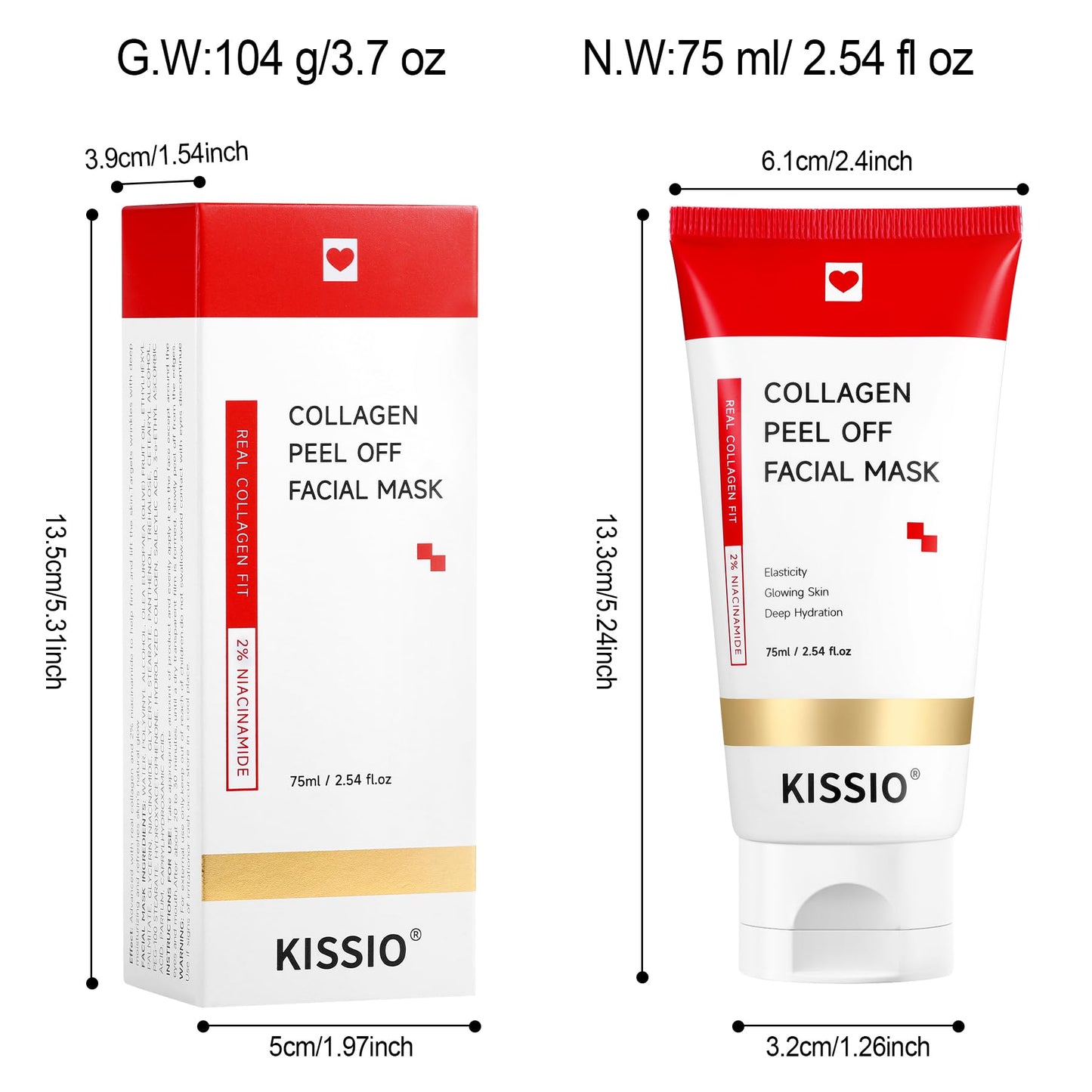 KISSIO Hydrolyzed Collagen Mask,Peel Off Mask for Glow,Hydration and Plump,Facial Mask with Collagen,2% Niacinamide and Salicylic Acid,Glass Skin Care,2.54 FL Oz