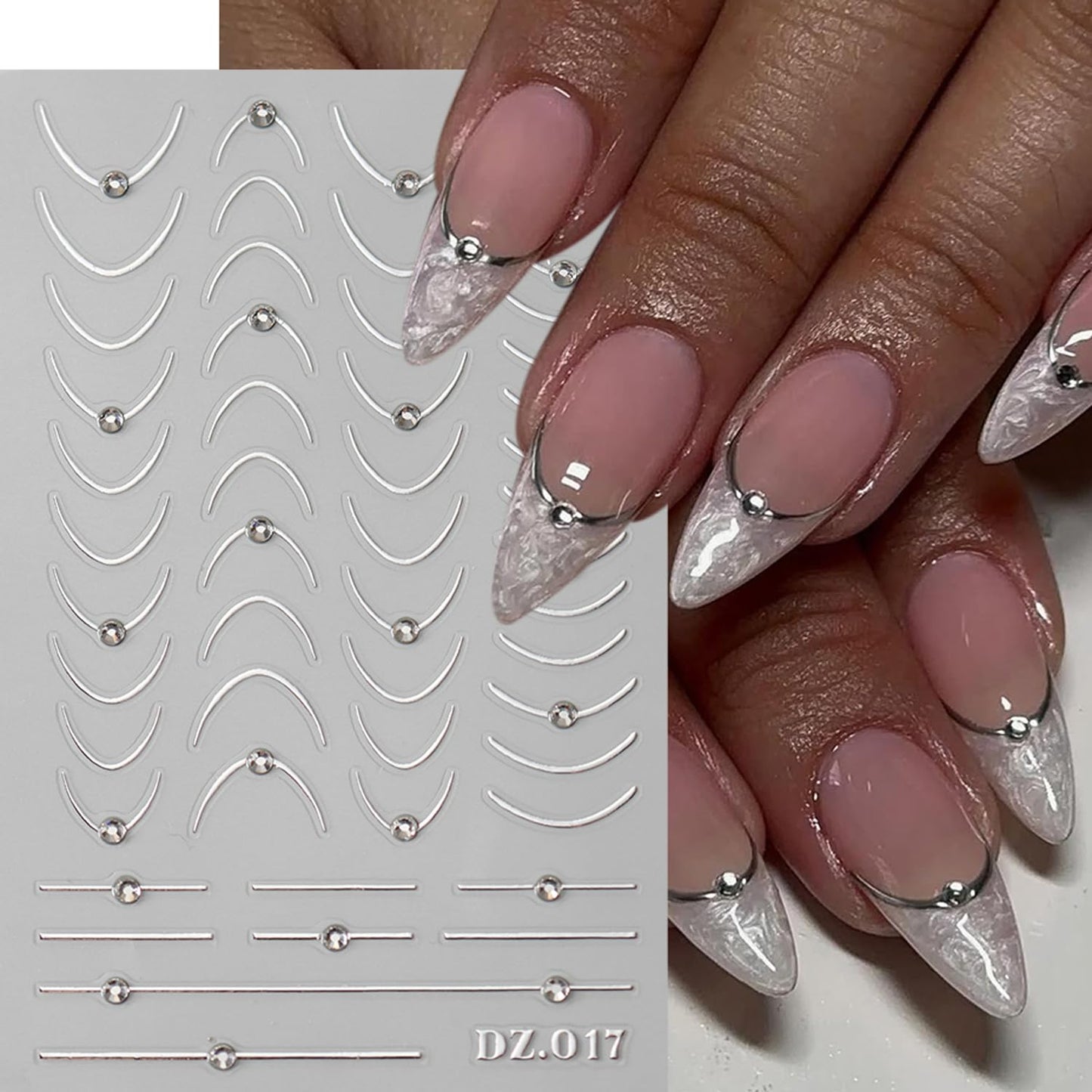 8PCS Line Nail Art Sticker Gold Silver Foil Nail Stickers Nail Art Supplies 3D Metallic Curve Stripe Wave Lines Nail Decals French Nail Design with Rhinestone Accessories Striping Tape Wavy Nail Decor