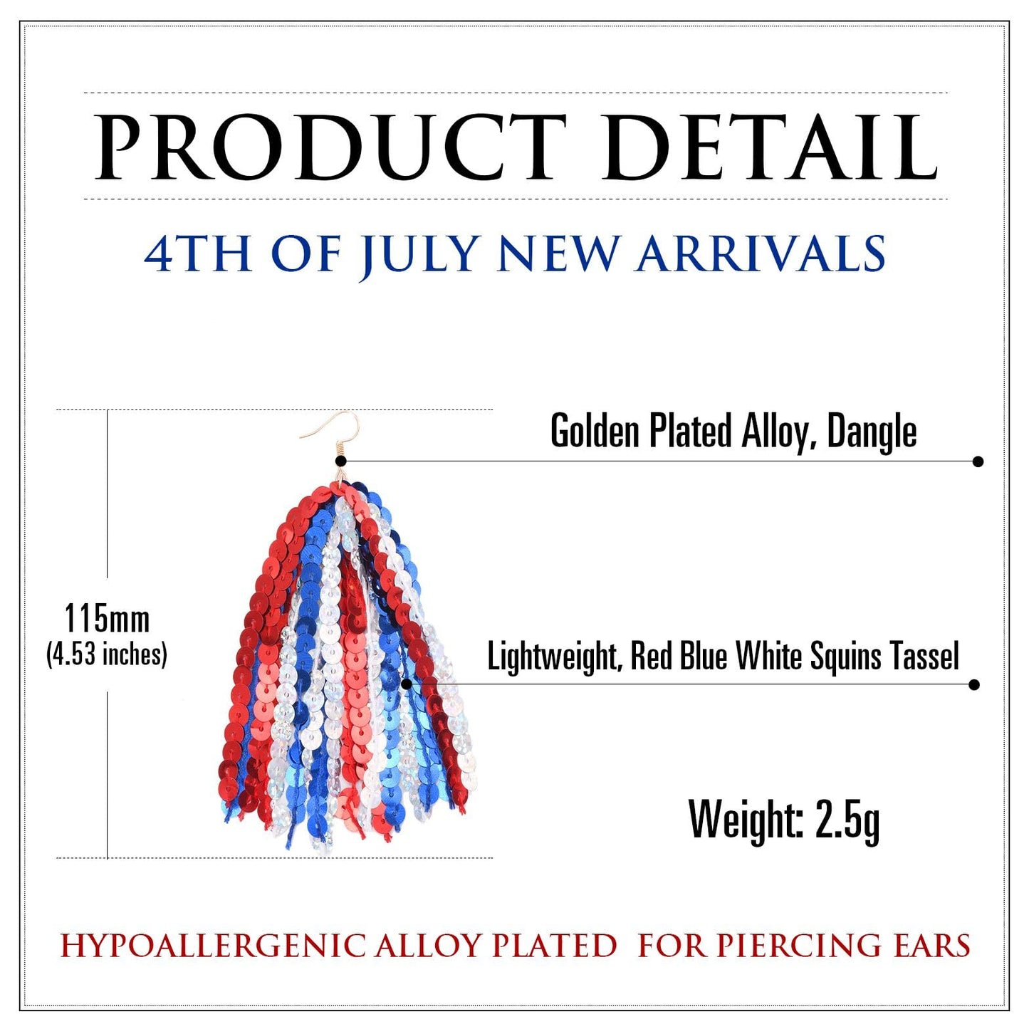RareLove Fourth of July Accessories Lightweight Patriotic Earrings Red White and Blue Sequins Fun Dangle Tassel Earrings for Women Alloy Plated